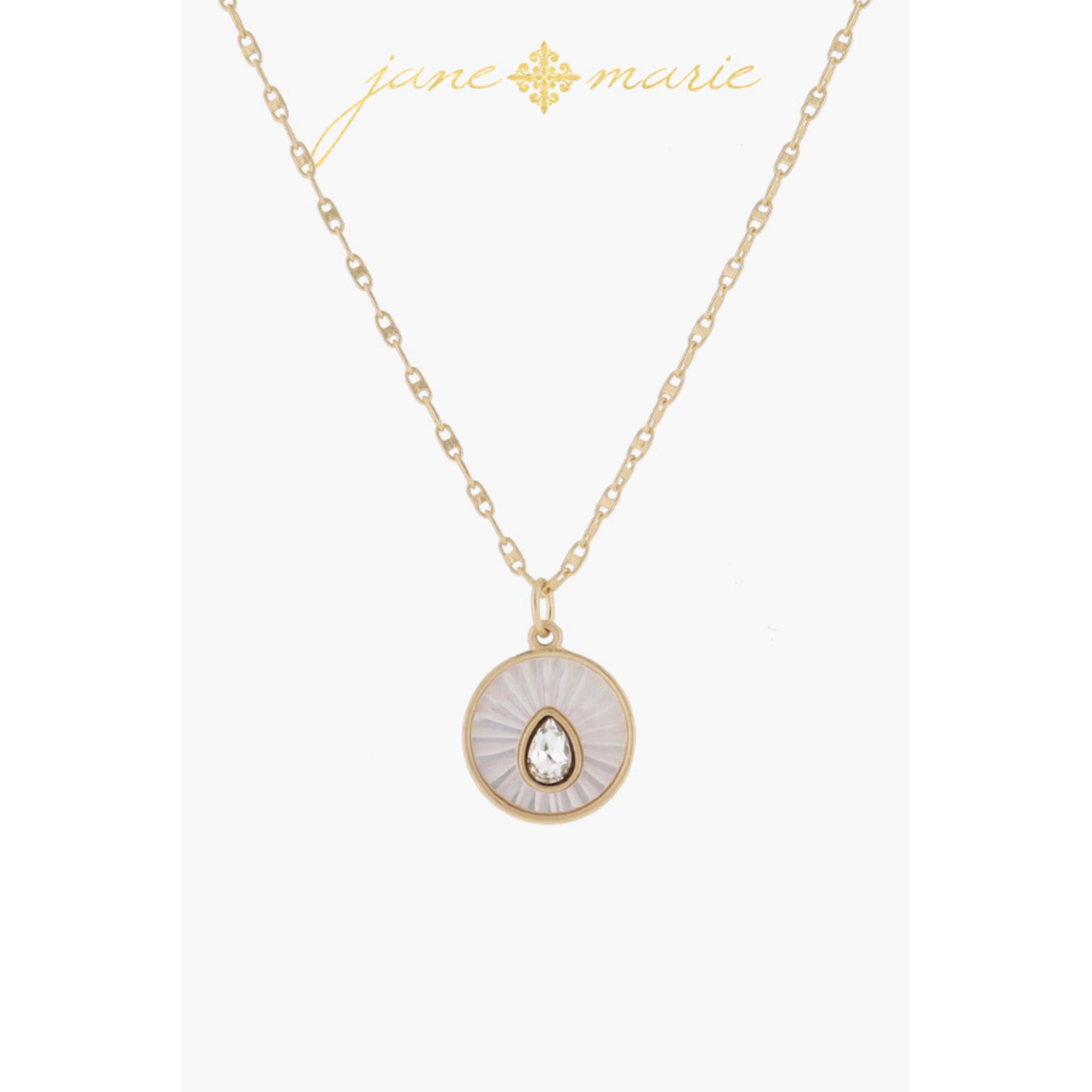 White Starburst Shell Inlay Disc with Crystal Teardrop Necklace, .65" Pendant