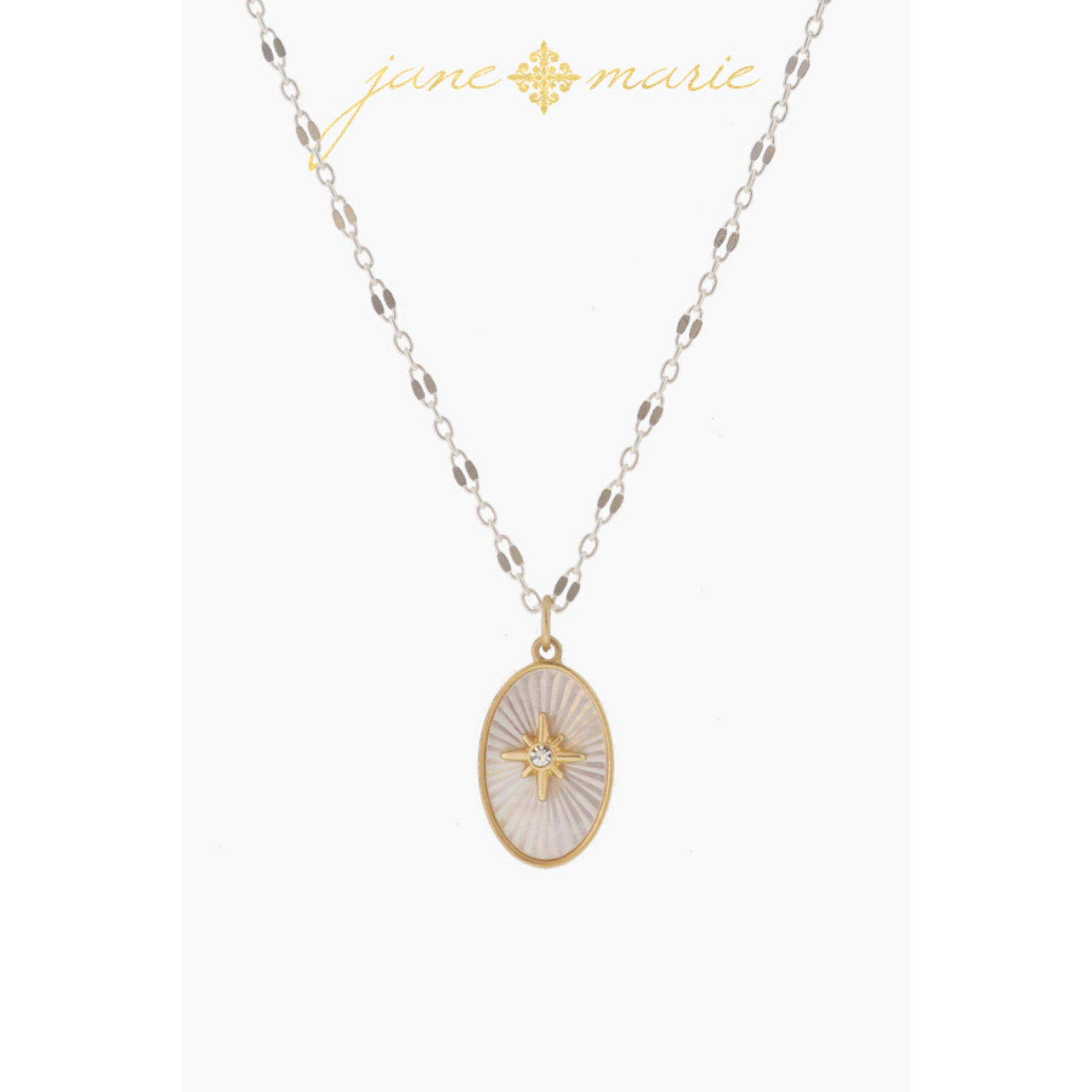 White Starburst Shell Inlay Oval with Gold Starburst with Crystal Necklace, .75" Pendant