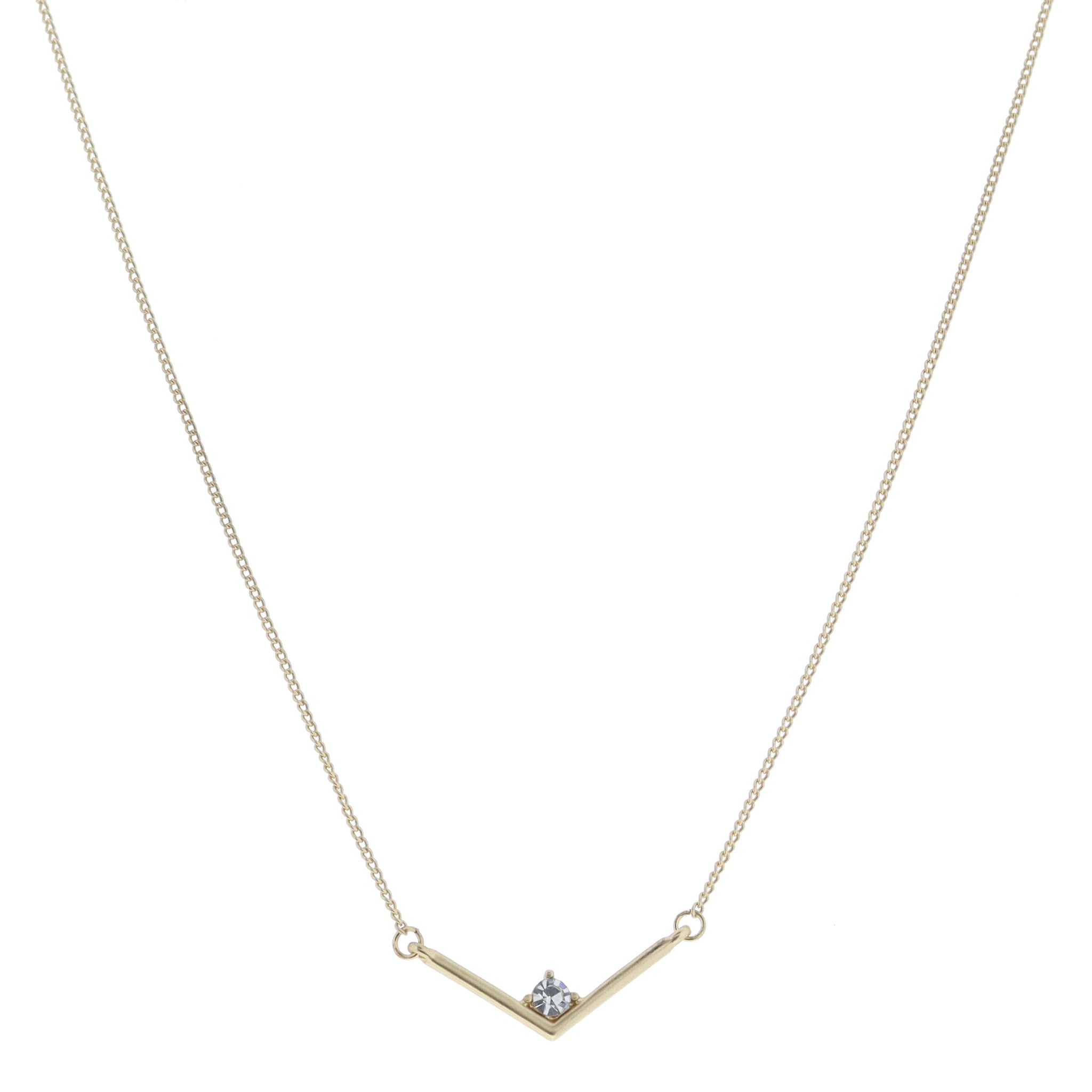 Gold Downward Pointed Bar with Top Center Crystal Necklace