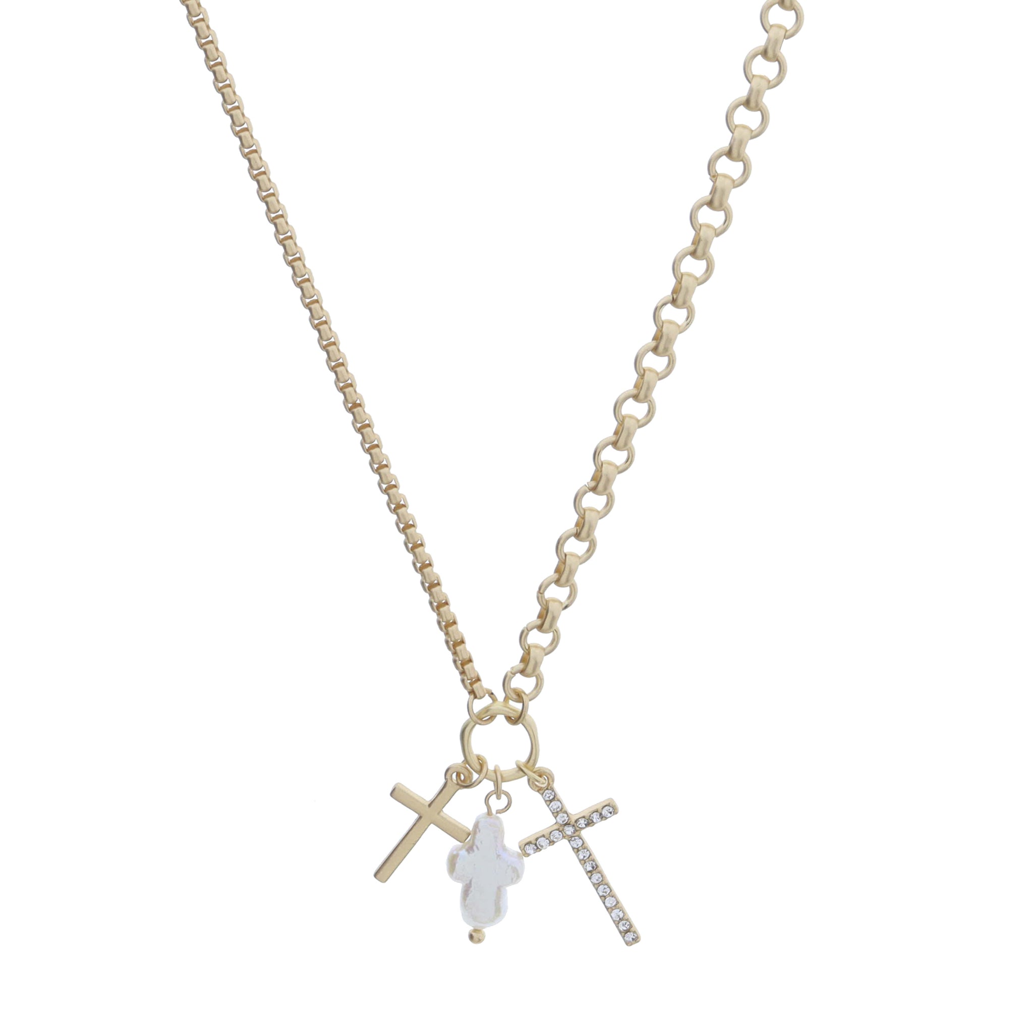 Gold Jump Ring with Gold Cross, Pearl Cross, Crystal Cross Necklace