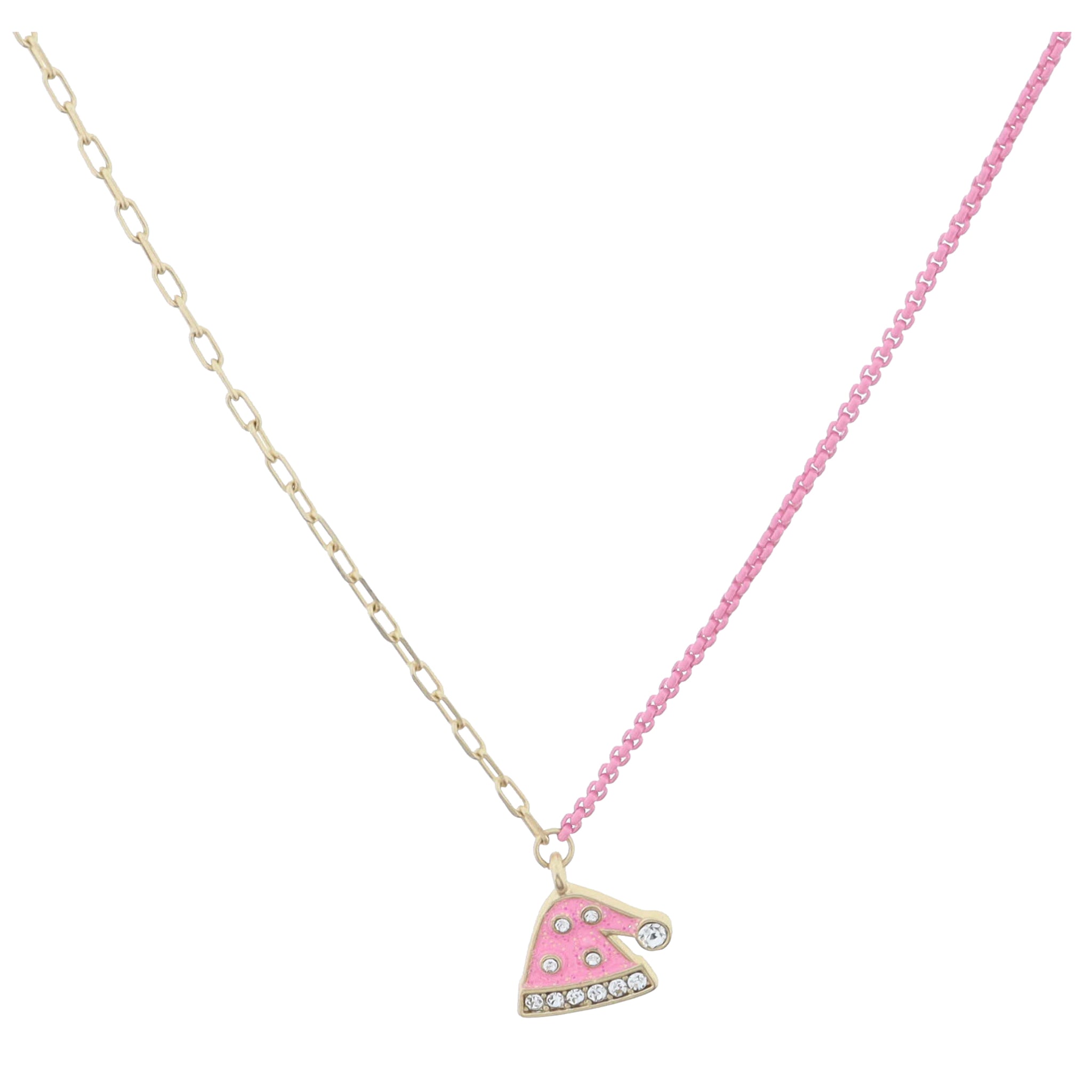 Kids Half Gold Chain, Half Pink Chain with Pink Glitter Enamel and Crystal Santa Hat Necklace