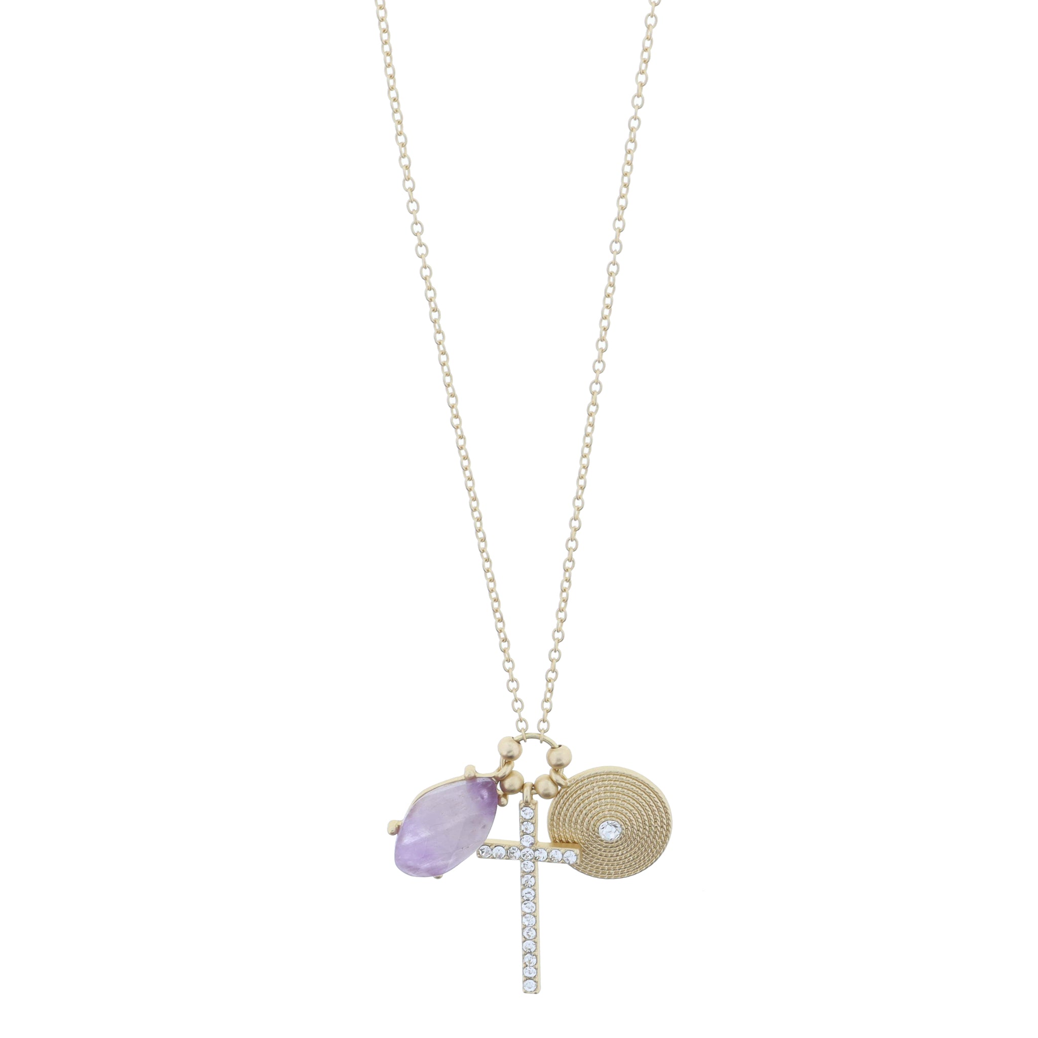 Amethyst Stone Drop, Crystal Cross, Gold Twist Textured Disc with Center Crystal Necklace