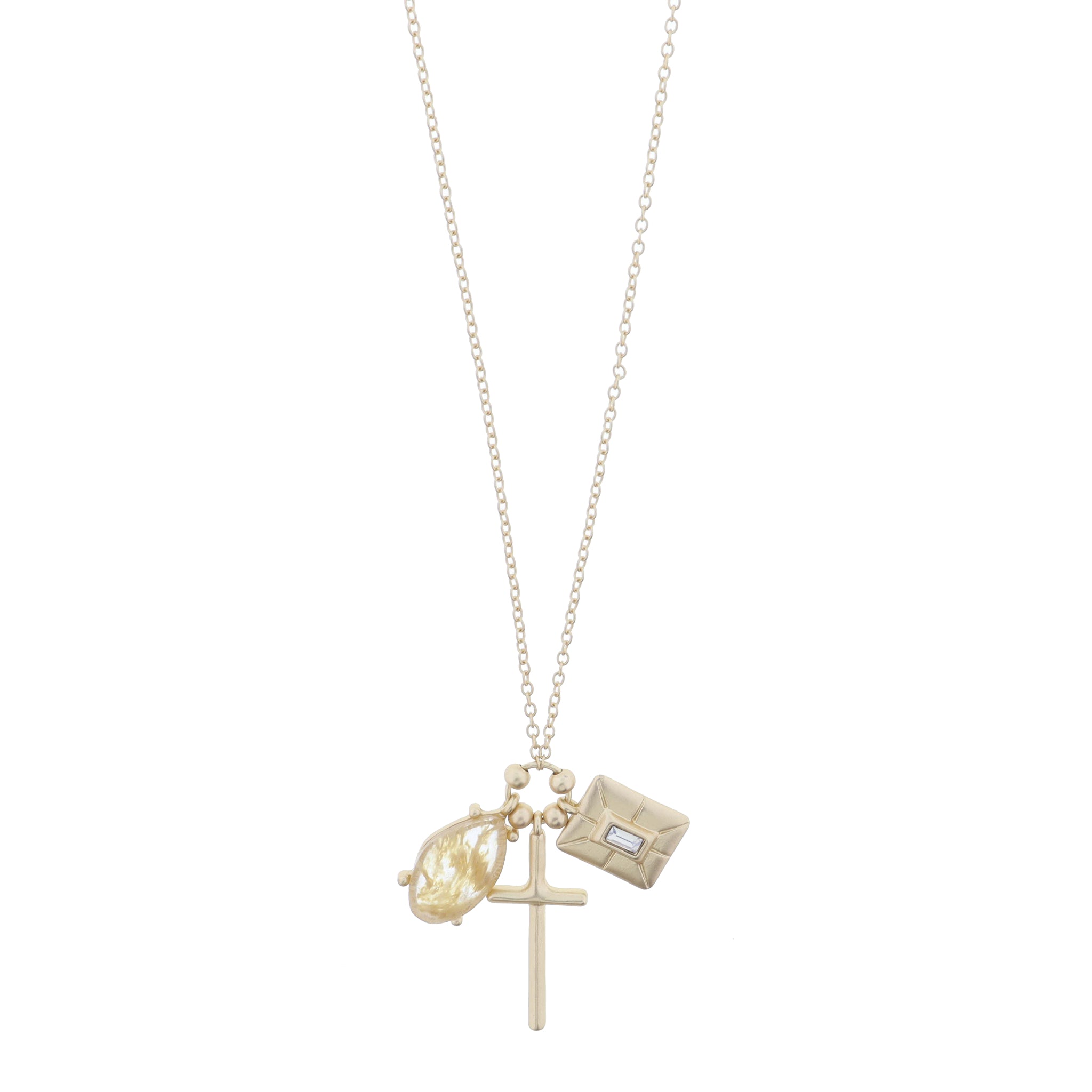 Gold Calcite Drop, Gold Cross, Gold Ray Accented Rectangle with Moonstone Baguette Necklace