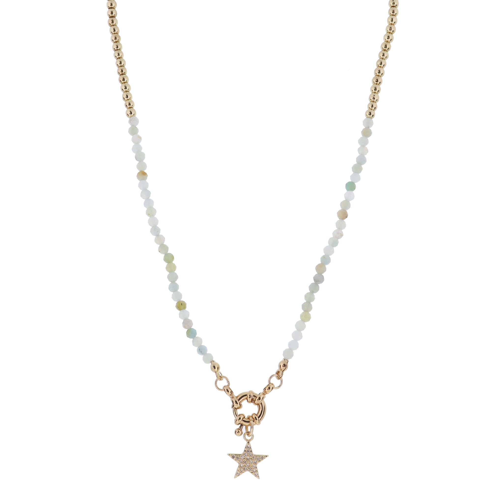 Kids Mini Gold Ball and Amazonite Faceted Beaded with Gold Spring Ring & Crystal Pave Star Necklace