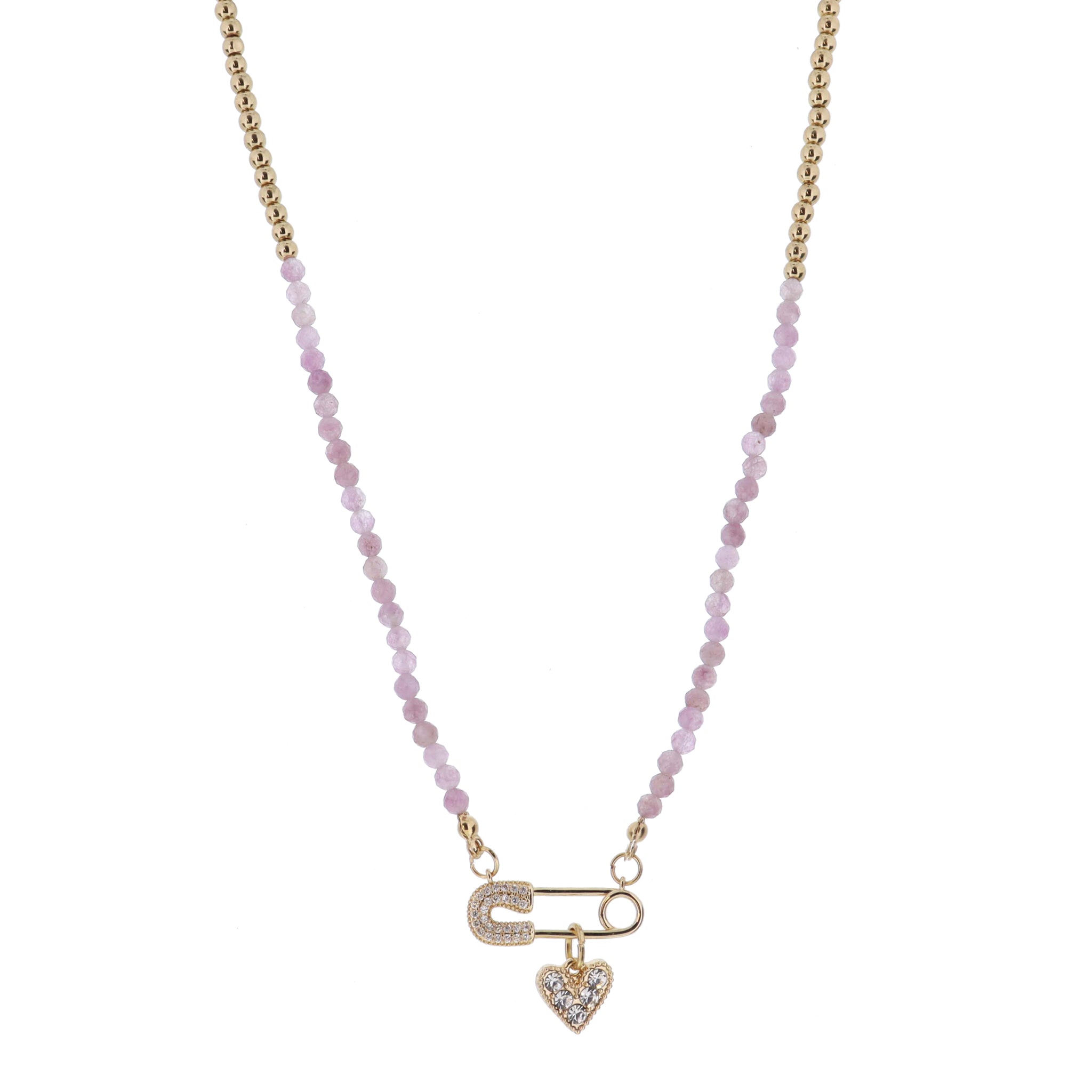 Kids Gold Ball & Mauve Quartz Faceted Beaded with Crystal Pave Safety Pin & Crystal Heart Necklace