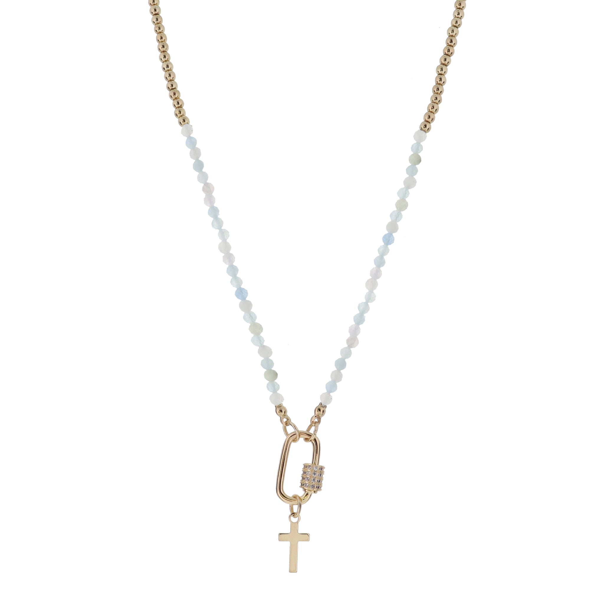 Kids Mini Gold Ball and Aquamarine Stone Faceted Beaded with Gold Carabiner and Gold Cross Necklace