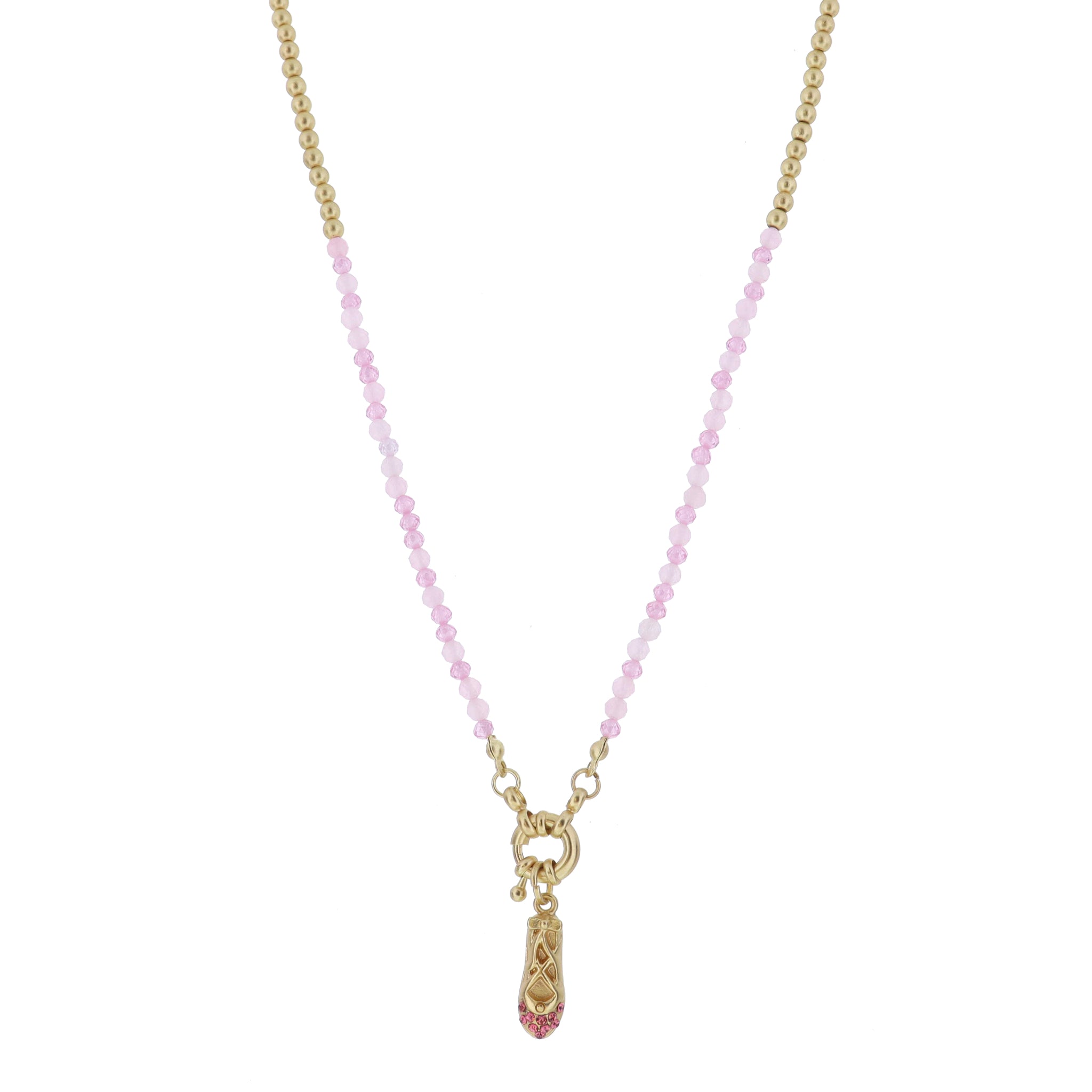 Kids Gold Ball & Pink Zircon Faceted Beaded with Spring Ring & Pink Ballet Slipper Necklace