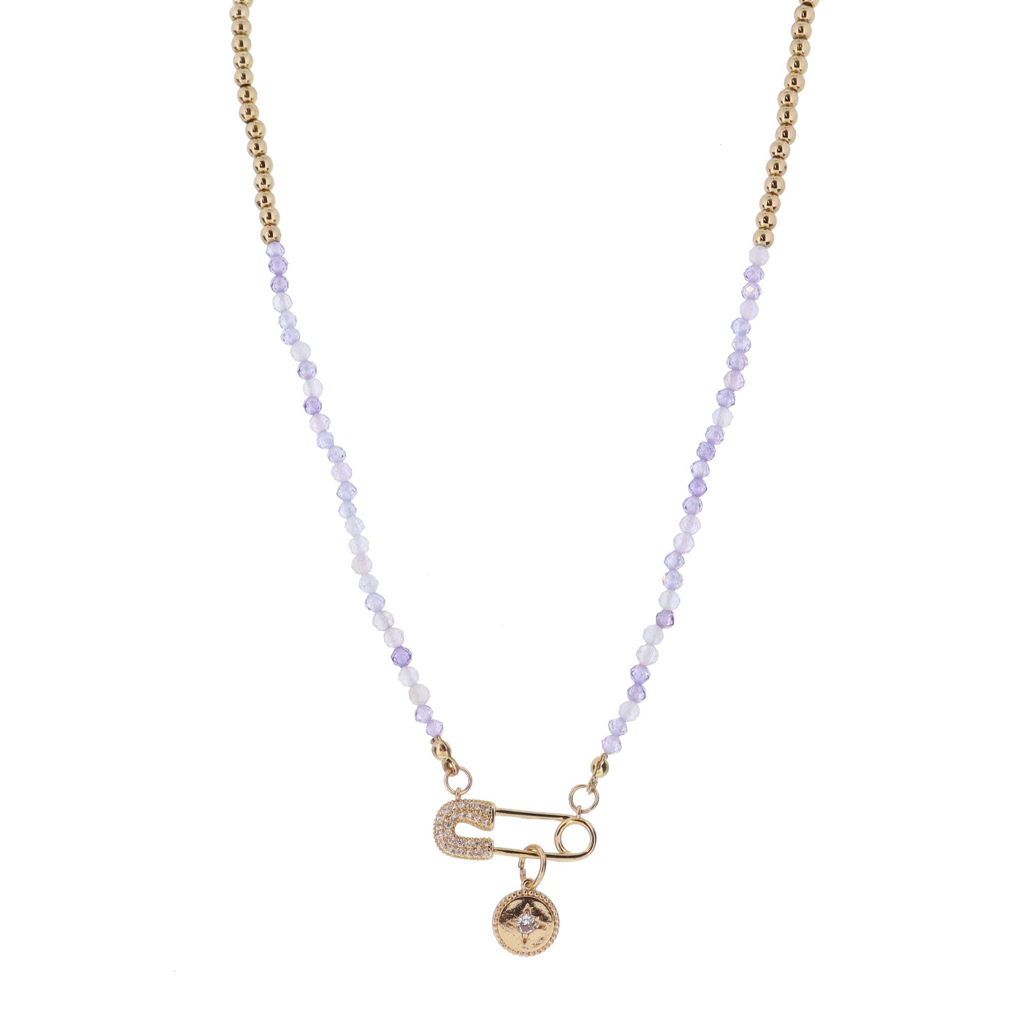 Kids Ball & Purple Zircon Faceted Beaded with Safety Pin & Disc with Crystal Starburst Necklace