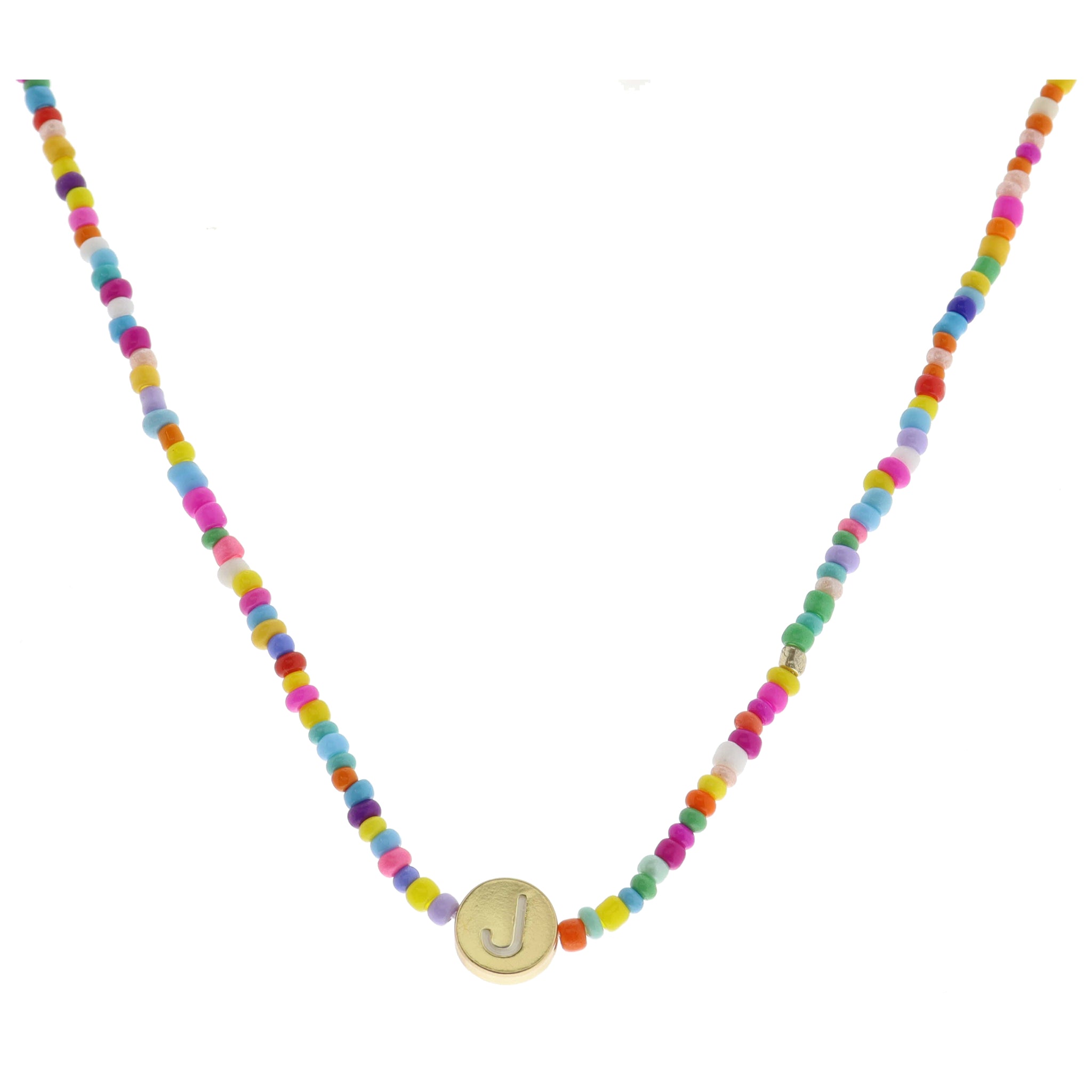 Kids Rainbow Multi Seed Bead Strand and White Enamel "J" Initial on Gold Disc Necklace