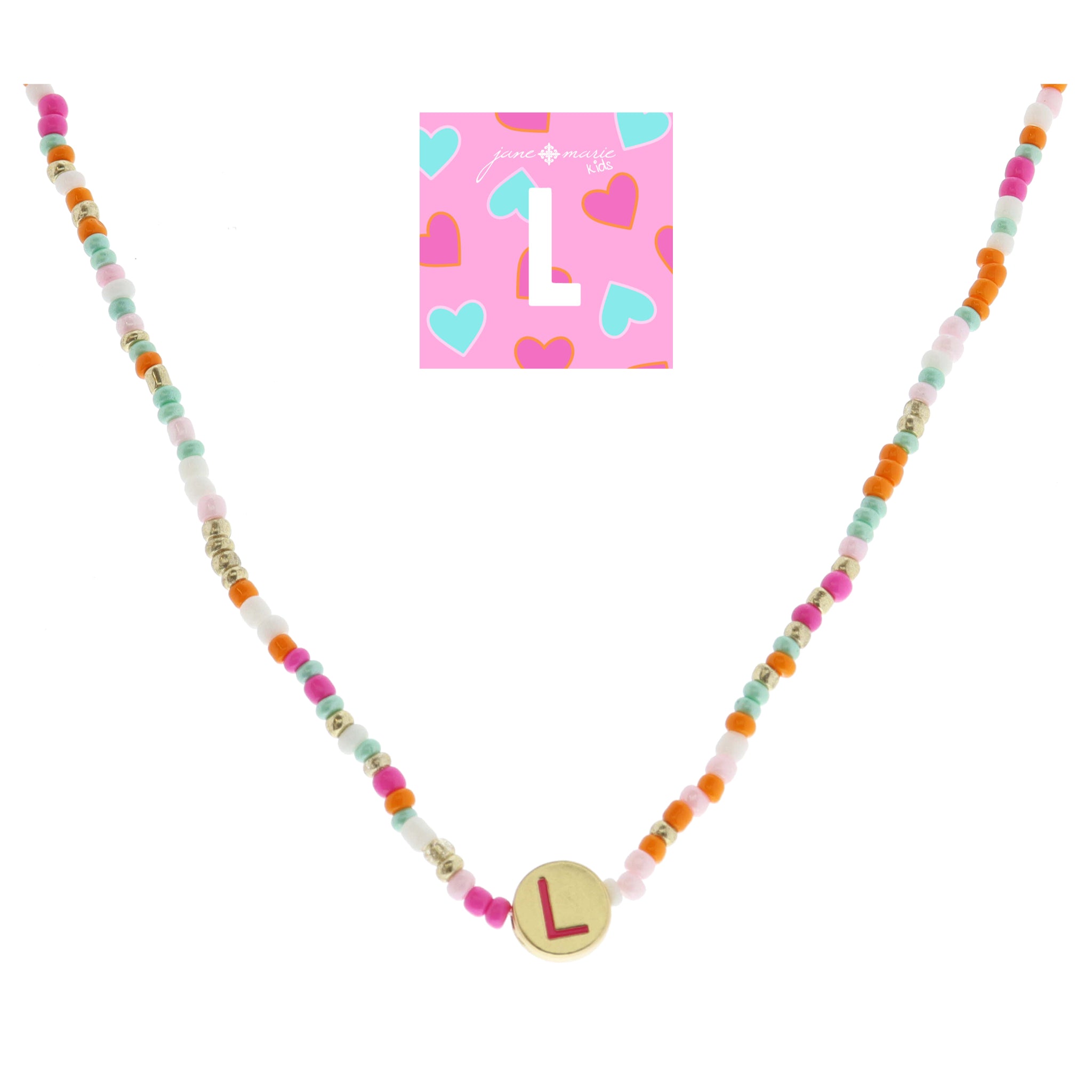 Kids Pink Multi Seed Bead Strand and Hot Pink Enamel "L" Initial on Gold Disc Necklace