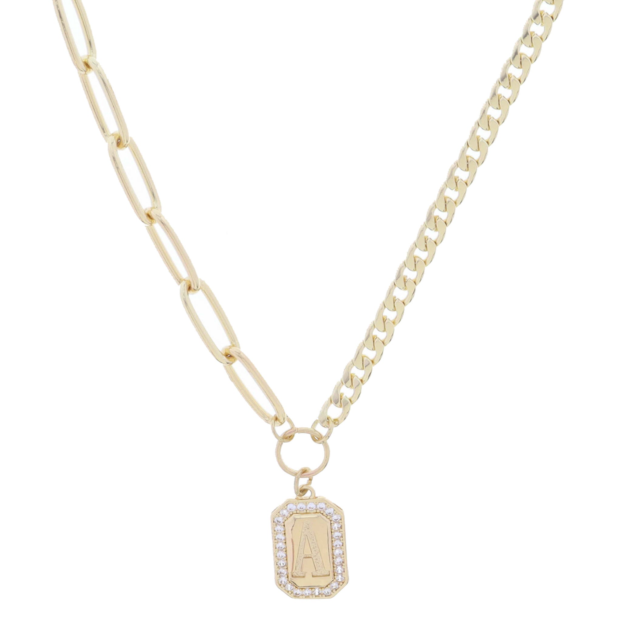 Shiny Gold Half Paperclip, Half Curb Chain with Crystal Edged "A" Initial Emerald Plate Necklace