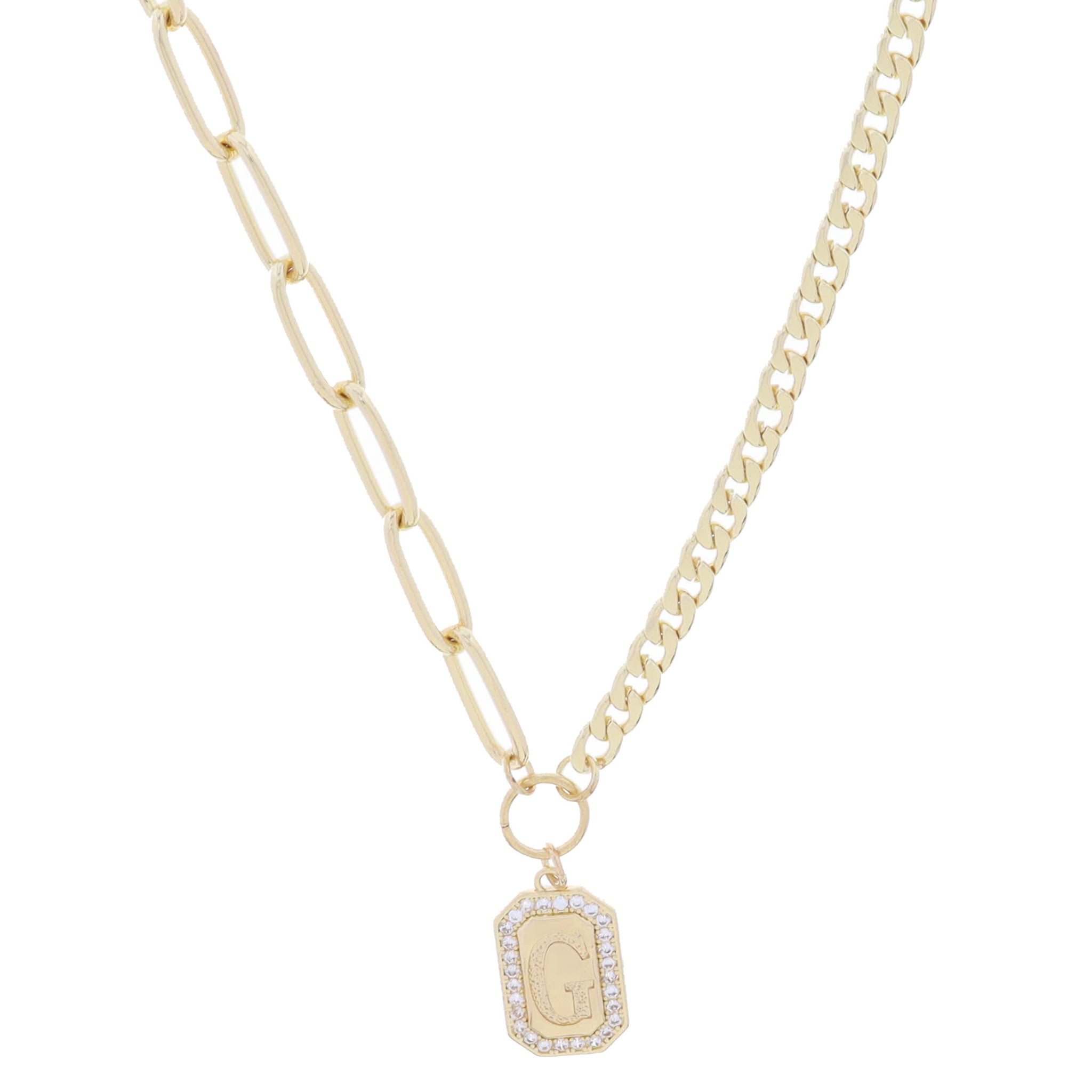 Shiny Gold Half Paperclip, Half Curb Chain with Crystal Edged "G" Initial Emerald Plate Necklace