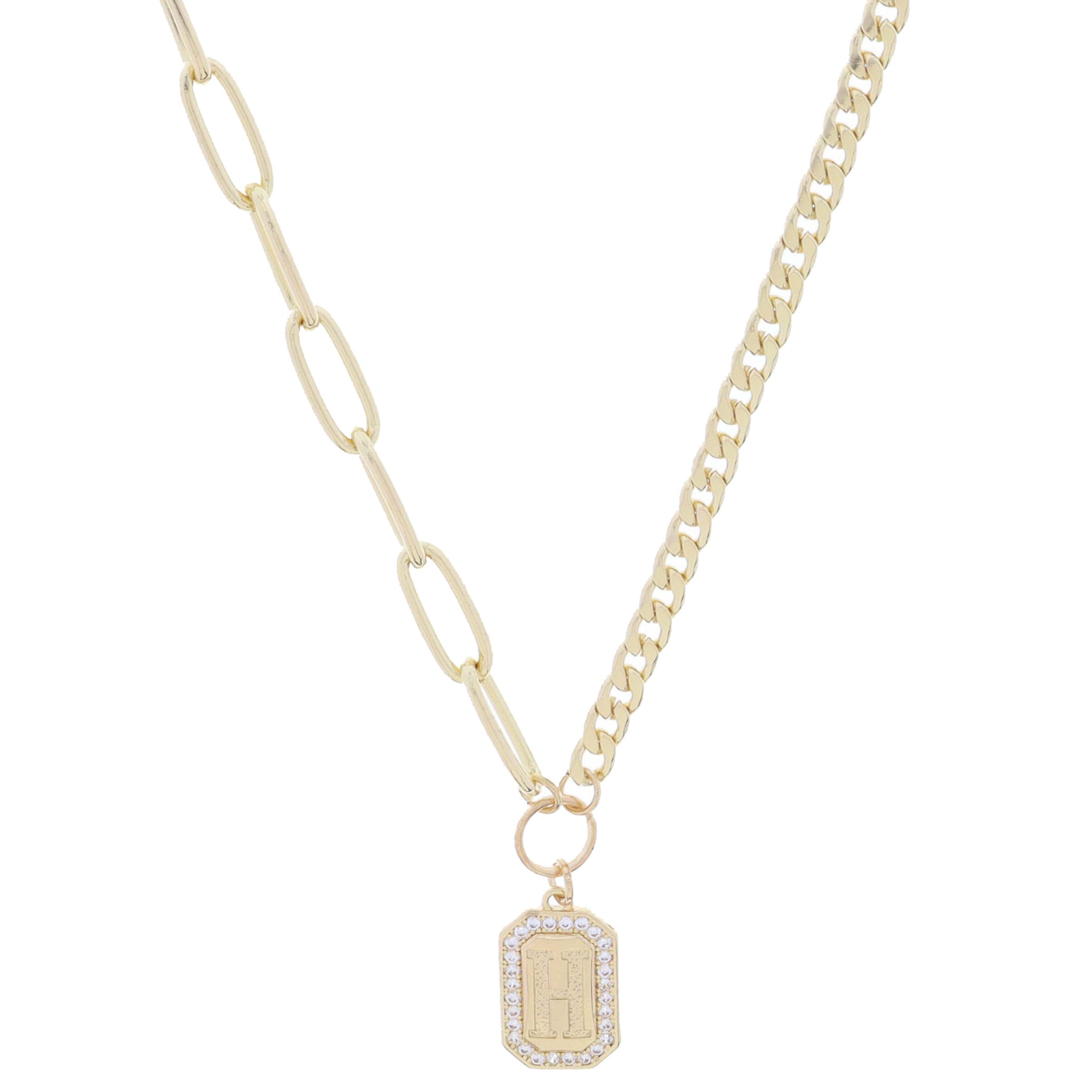 Shiny Gold Half Paperclip, Half Curb Chain with Crystal Edged "H" Initial Emerald Plate Necklace