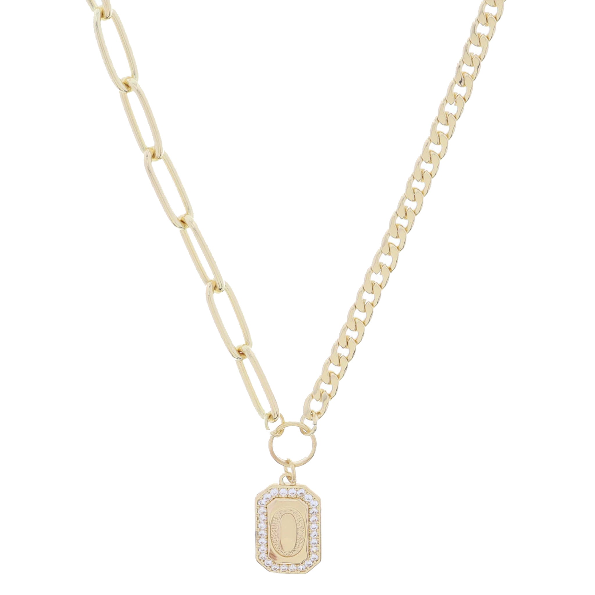 Shiny Gold Half Paperclip, Half Curb Chain with Crystal Edged "O" Initial Emerald Plate Necklace