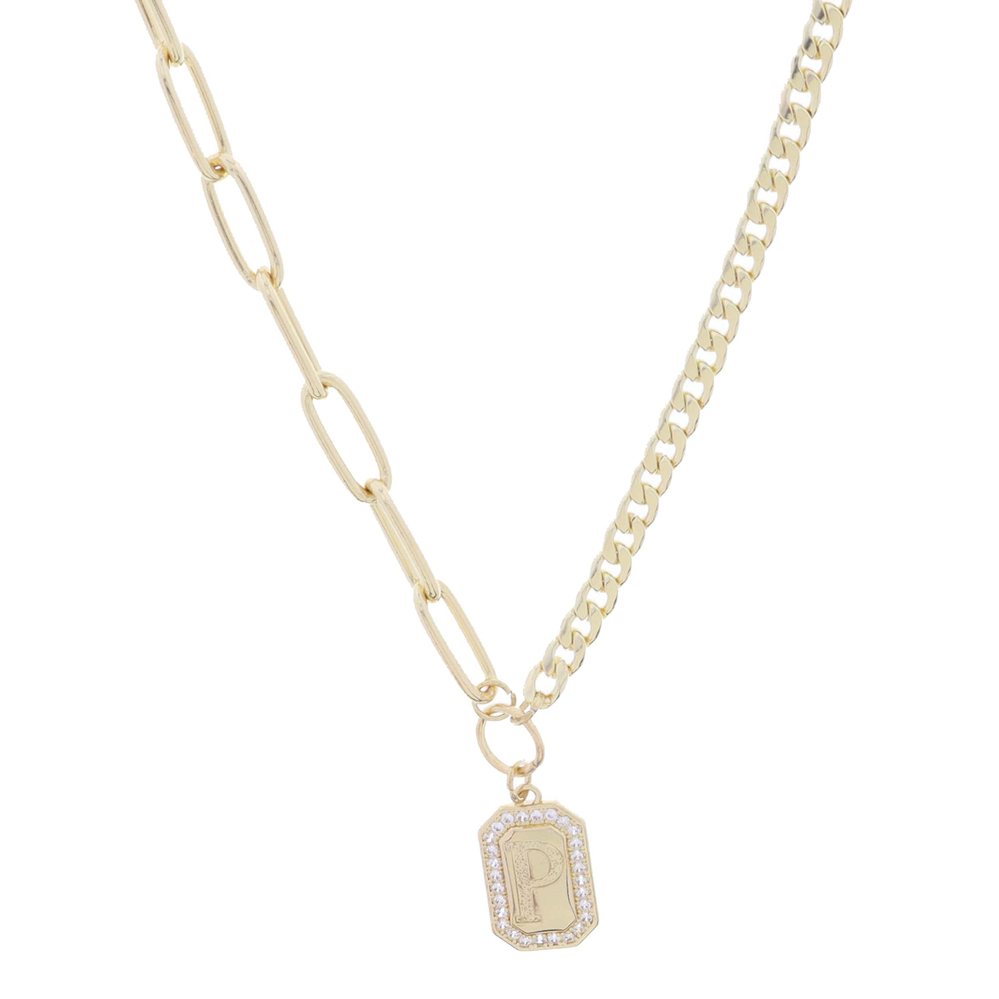 Shiny Gold Half Paperclip, Half Curb Chain with Crystal Edged "P" Initial Emerald Plate Necklace