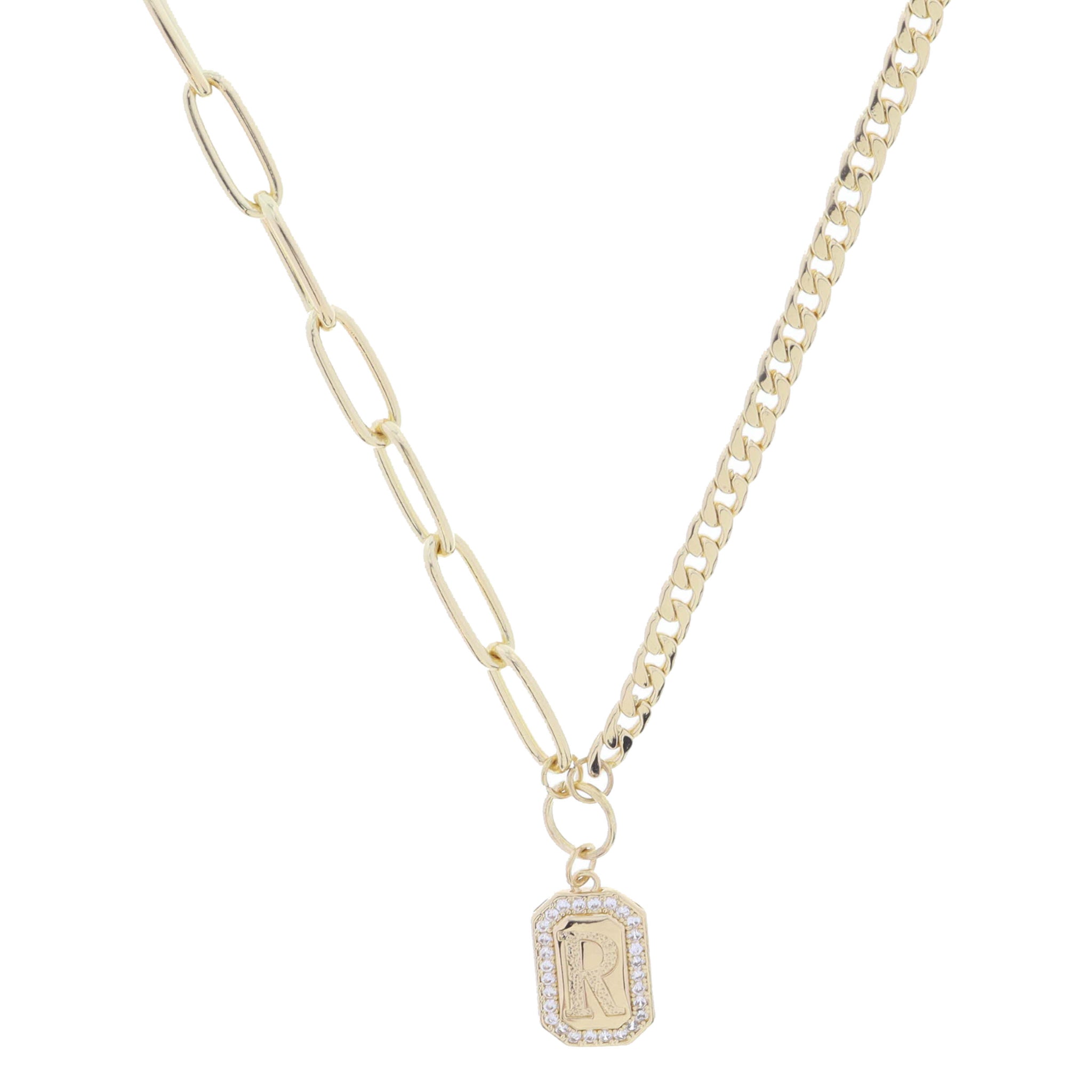 Shiny Gold Half Paperclip, Half Curb Chain with Crystal Edged "R" Initial Emerald Plate Necklace