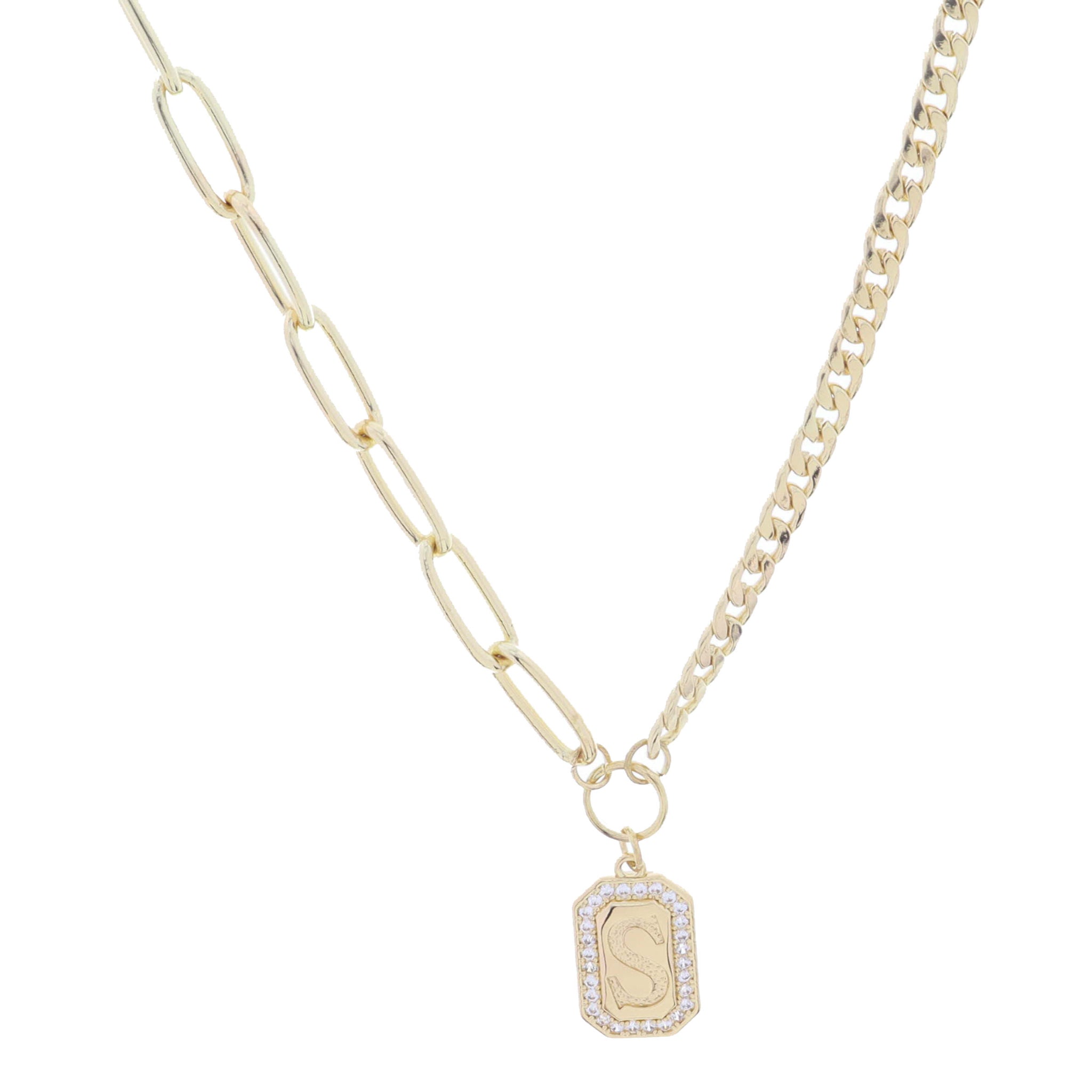 Shiny Gold Half Paperclip, Half Curb Chain with Crystal Edged "S" Initial Emerald Plate Necklace
