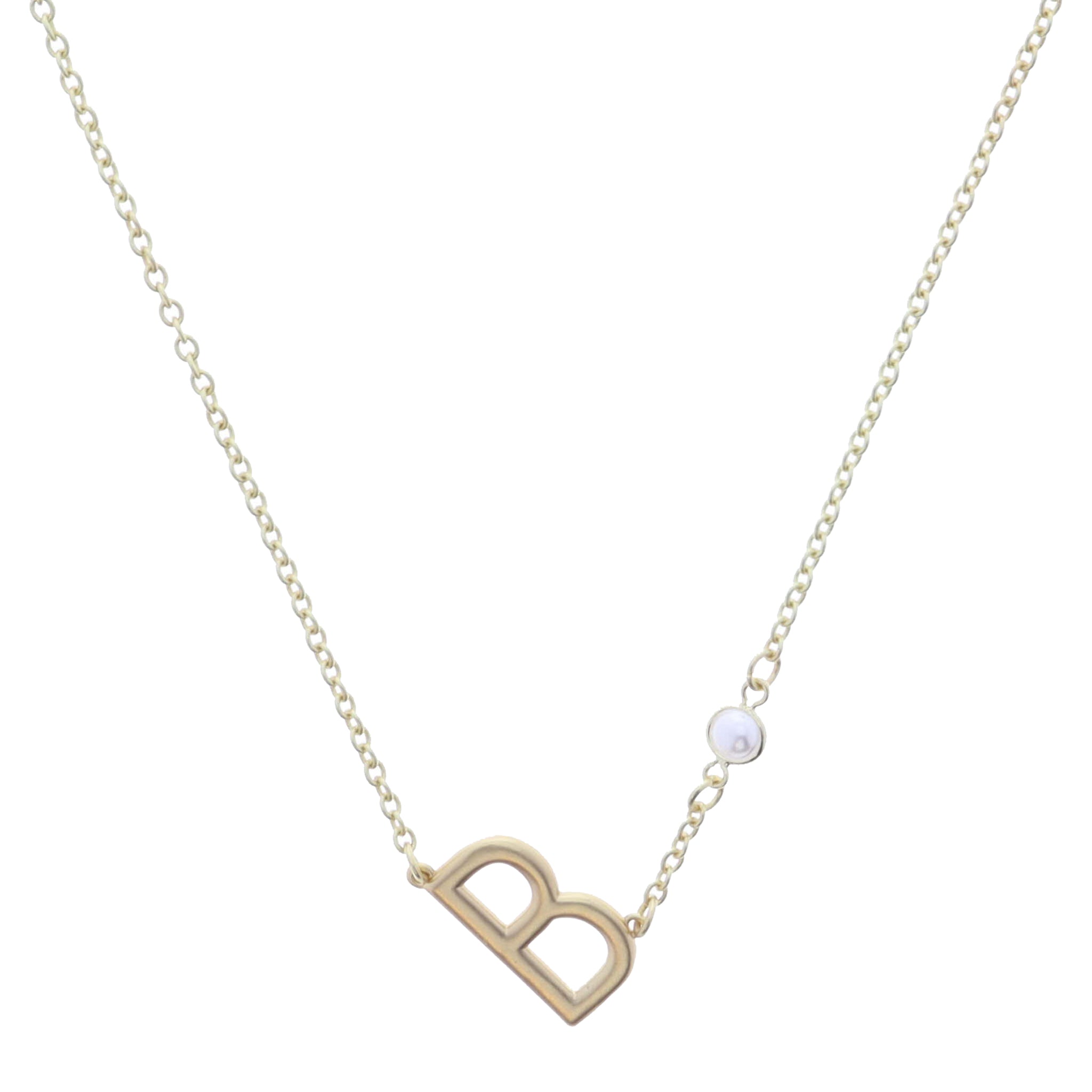 Gold Sideways "B" Initial with Pearl Bezel Station Accent Necklace