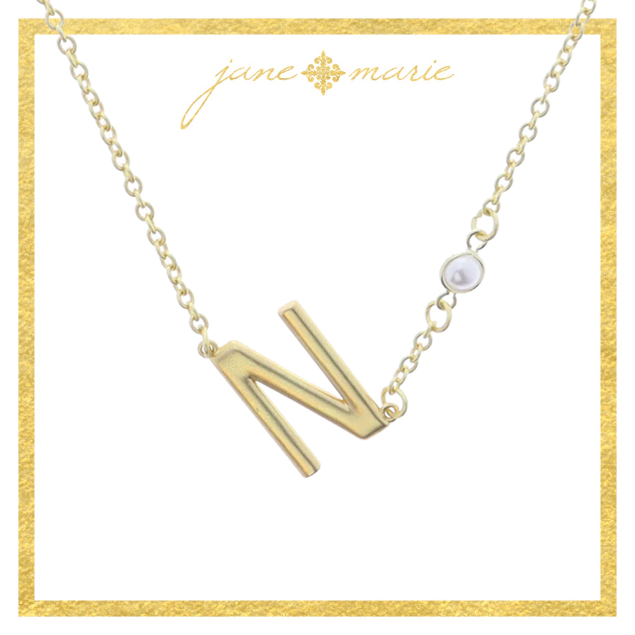 Gold Sideways "N" Initial with Pearl Bezel Station Accent Necklace