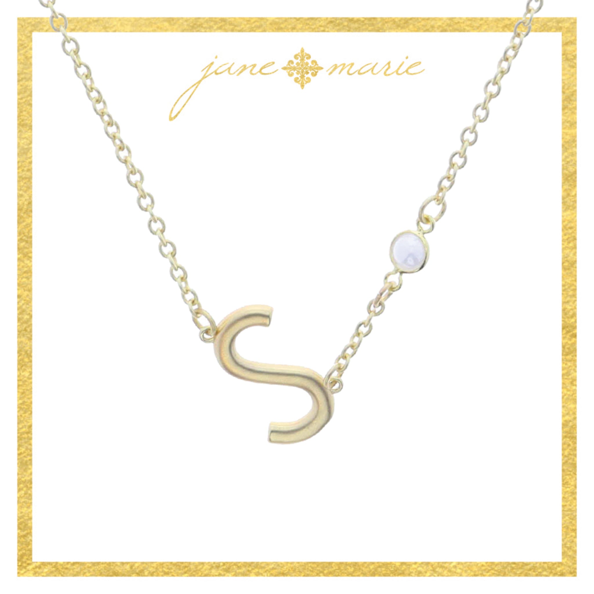 Gold Sideways "S" Initial with Pearl Bezel Station Accent Necklace