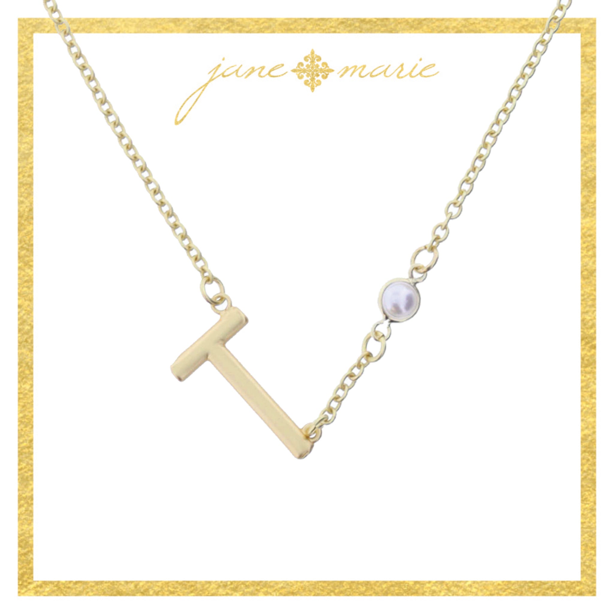 Gold Sideways "T" Initial with Pearl Bezel Station Accent Necklace
