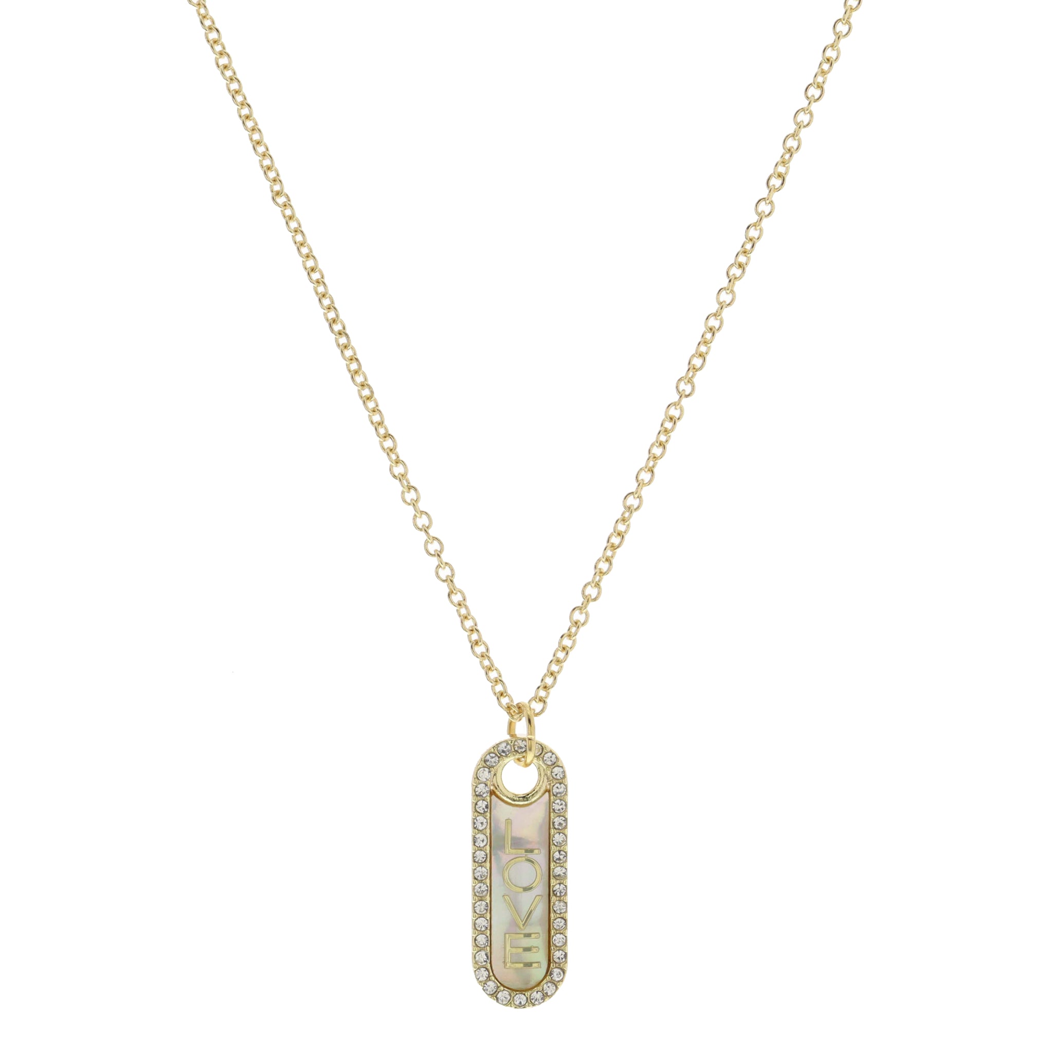 Vertical "LOVE" in Shell Inlay Oval with Crystal Edge Necklace