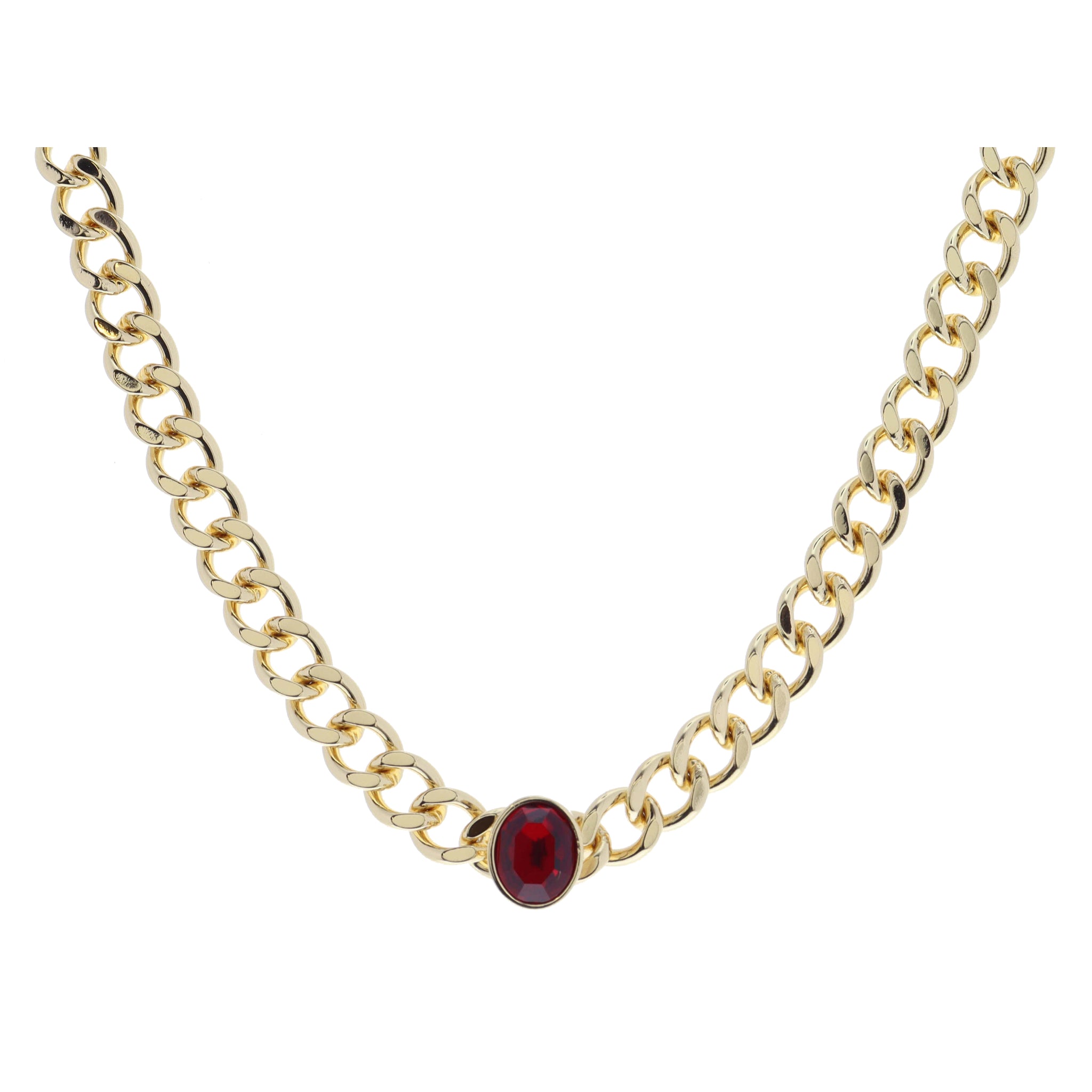 Shiny Gold Curb Chain with Oval Garnet Crystal Bezel Necklace