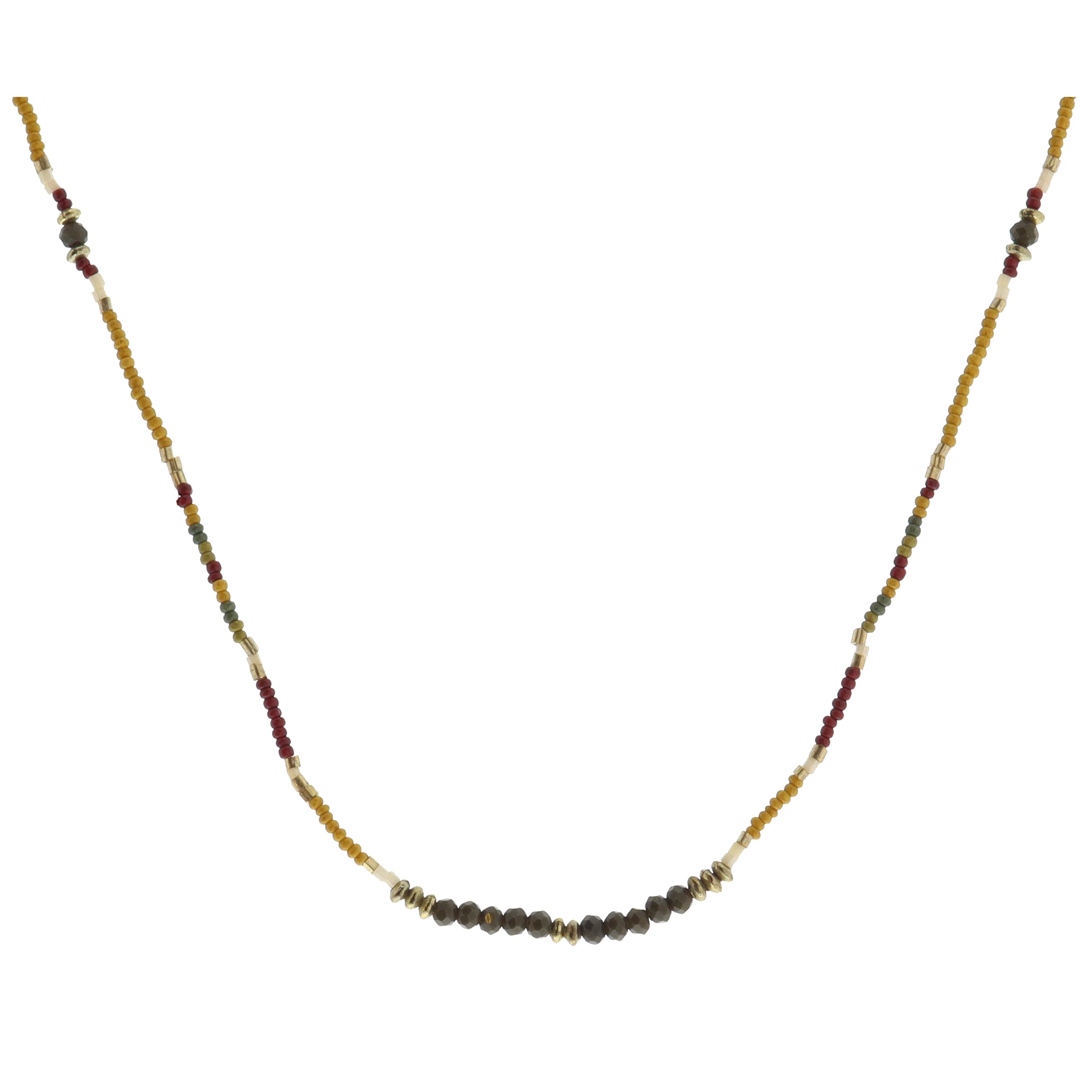 Mustard, Green, Olive, Red, Gold Beaded with Olive Faceted Beaded Portion Necklace