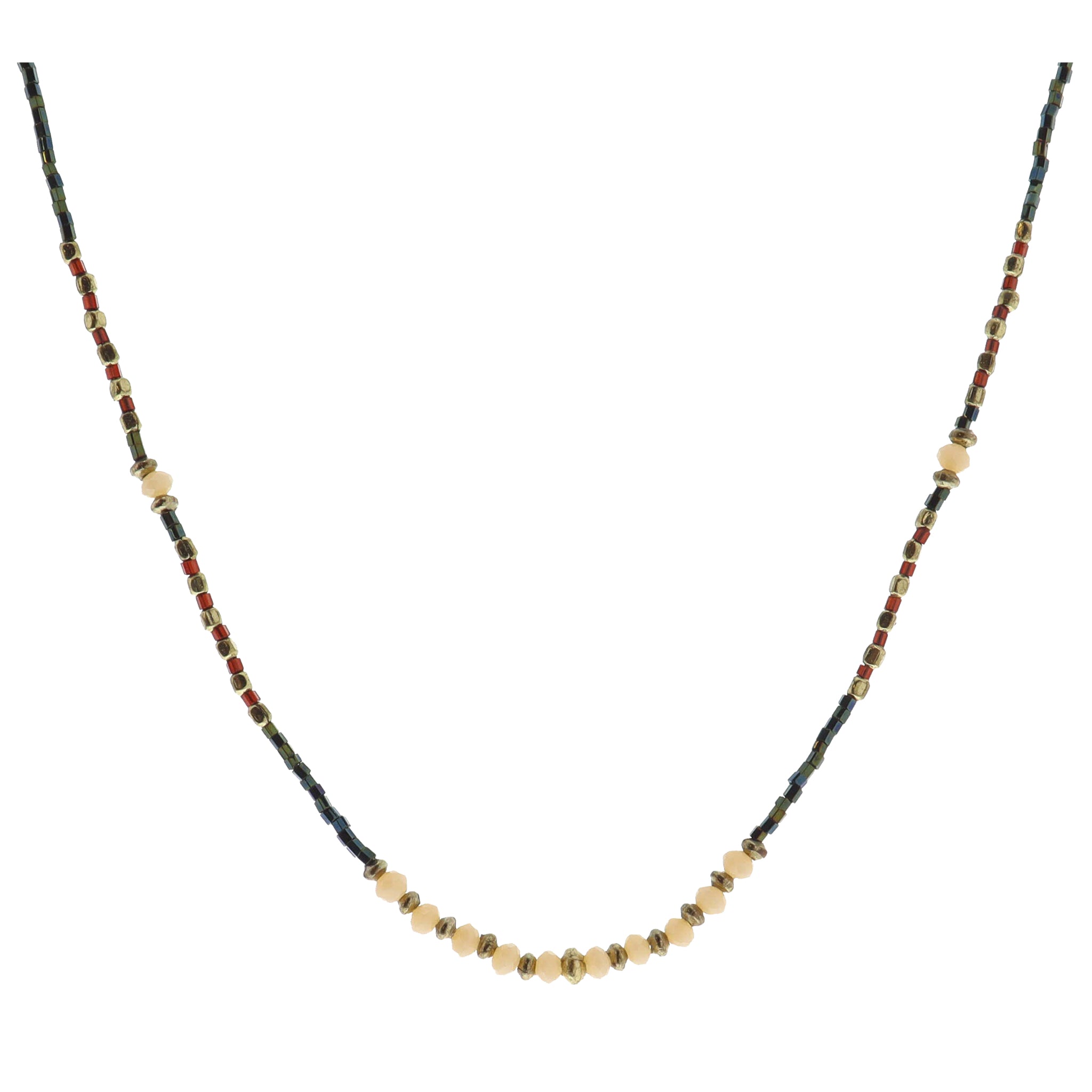 Dark Green, Gold, Maroon, Champagne Beaded with Champagne Faceted Beaded Portion Necklace