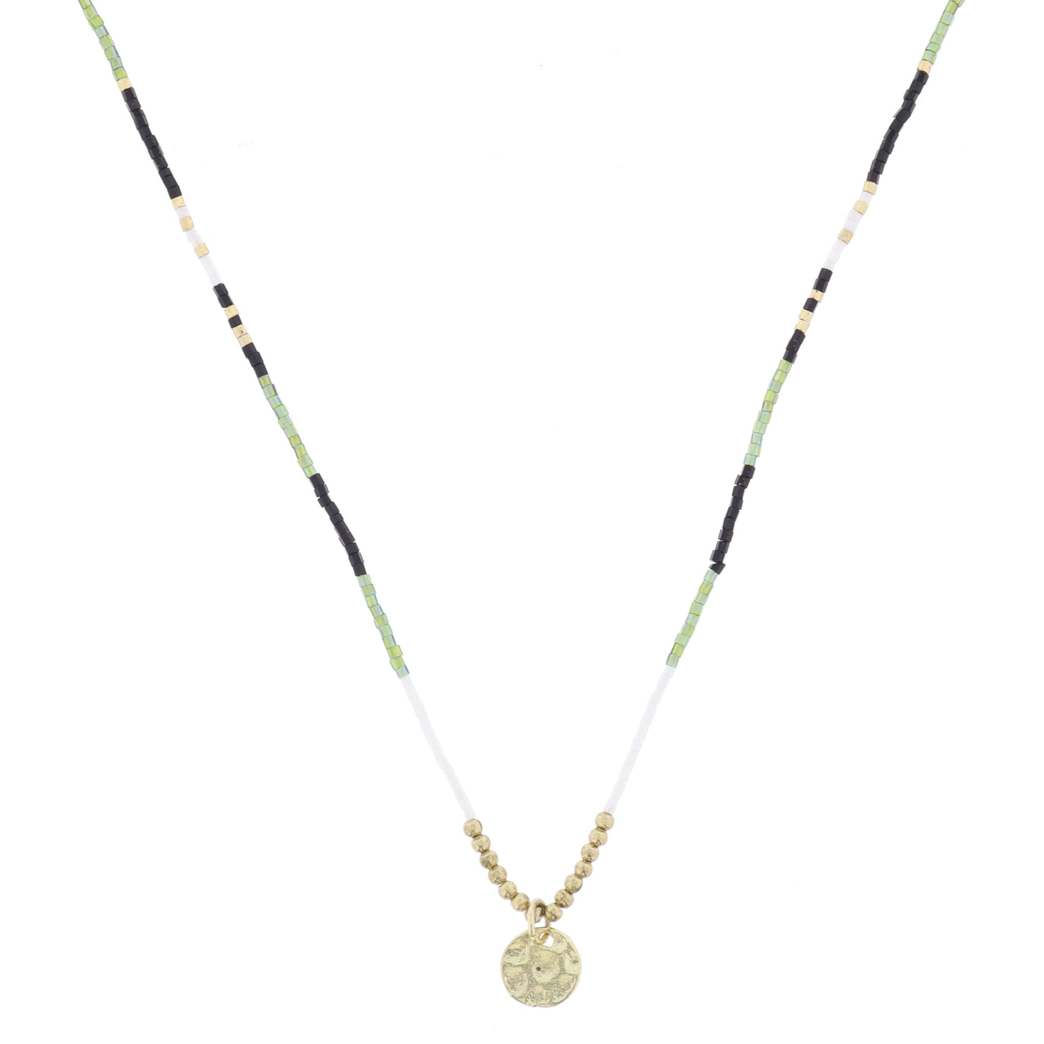 Black, Green, Gold, White Beaded with Gold Disc Necklace
