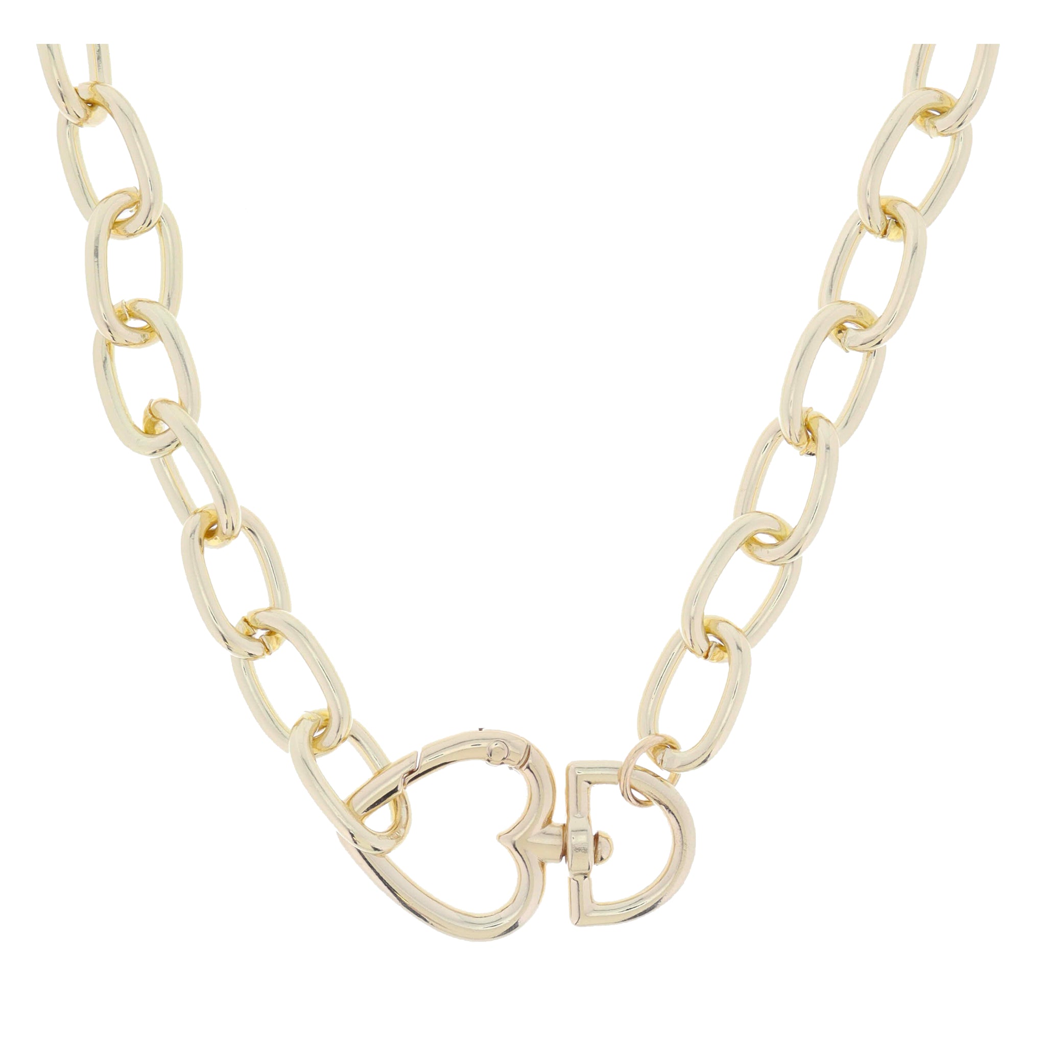 Shiny Gold Chunky Oval Link Chain with Heart Shaped Latch Clasp Necklace