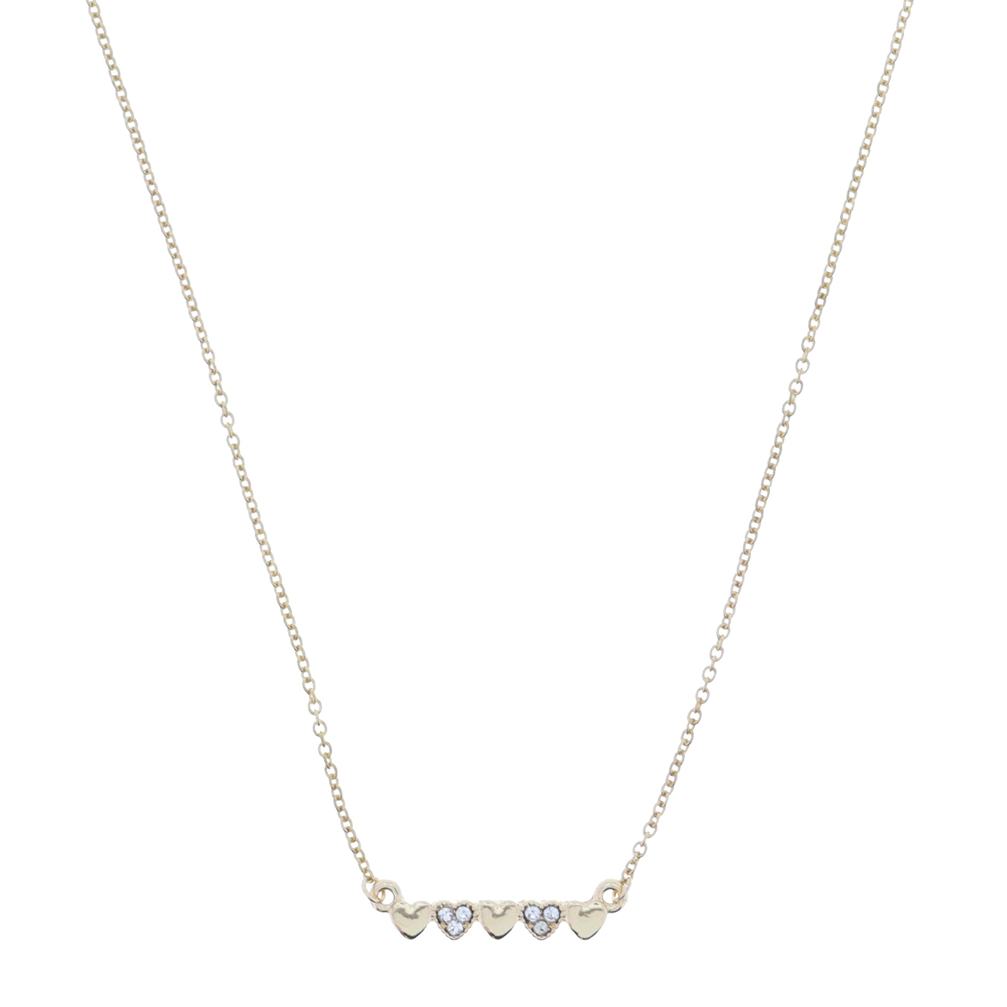 16" Mini Gold Hearts and Crystal Hearts Bar Necklace, 3" Ext