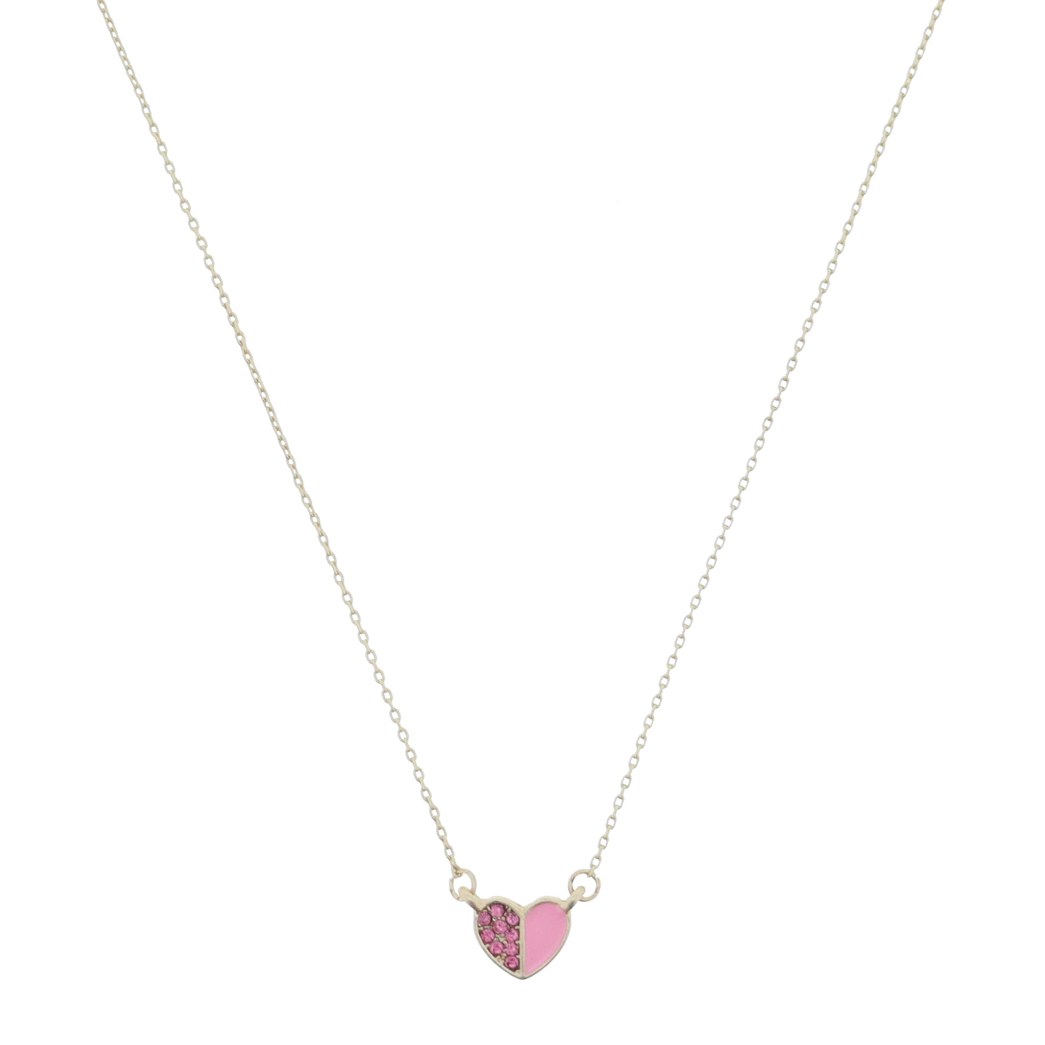 Kids 14" Half Pink Crystal Pave and Half Pink Enamel Heart Necklace, 3" Ext