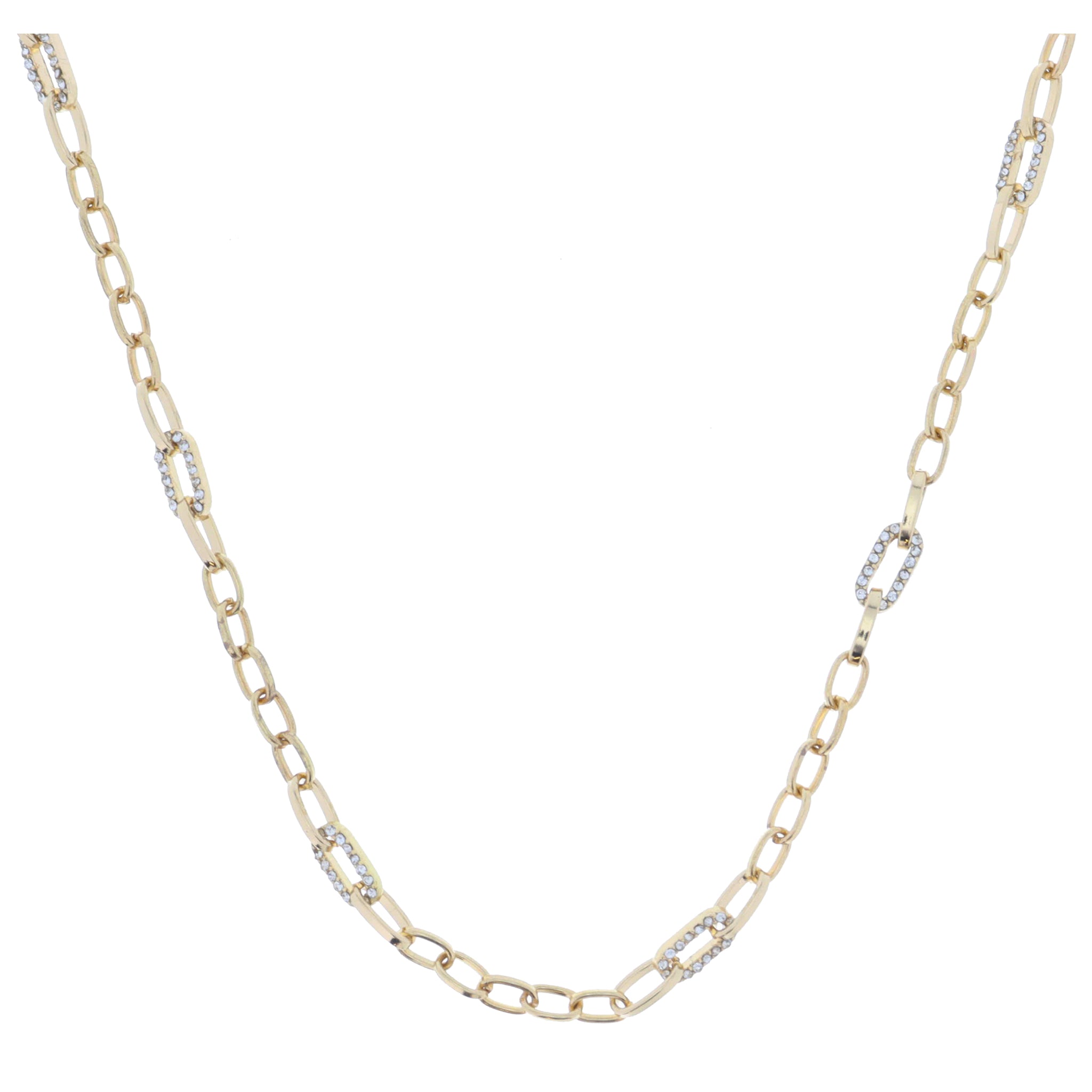 Gold Oval Link Chain with Crystal Embellished Link Stations Necklace,