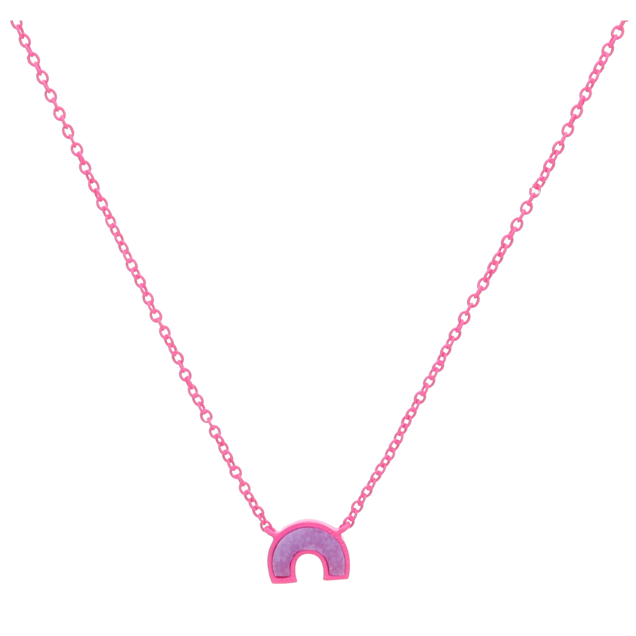 Kids Hot Pink Enamel Chain and Encasing with Lavender Druzy Rainbow Arch Necklace