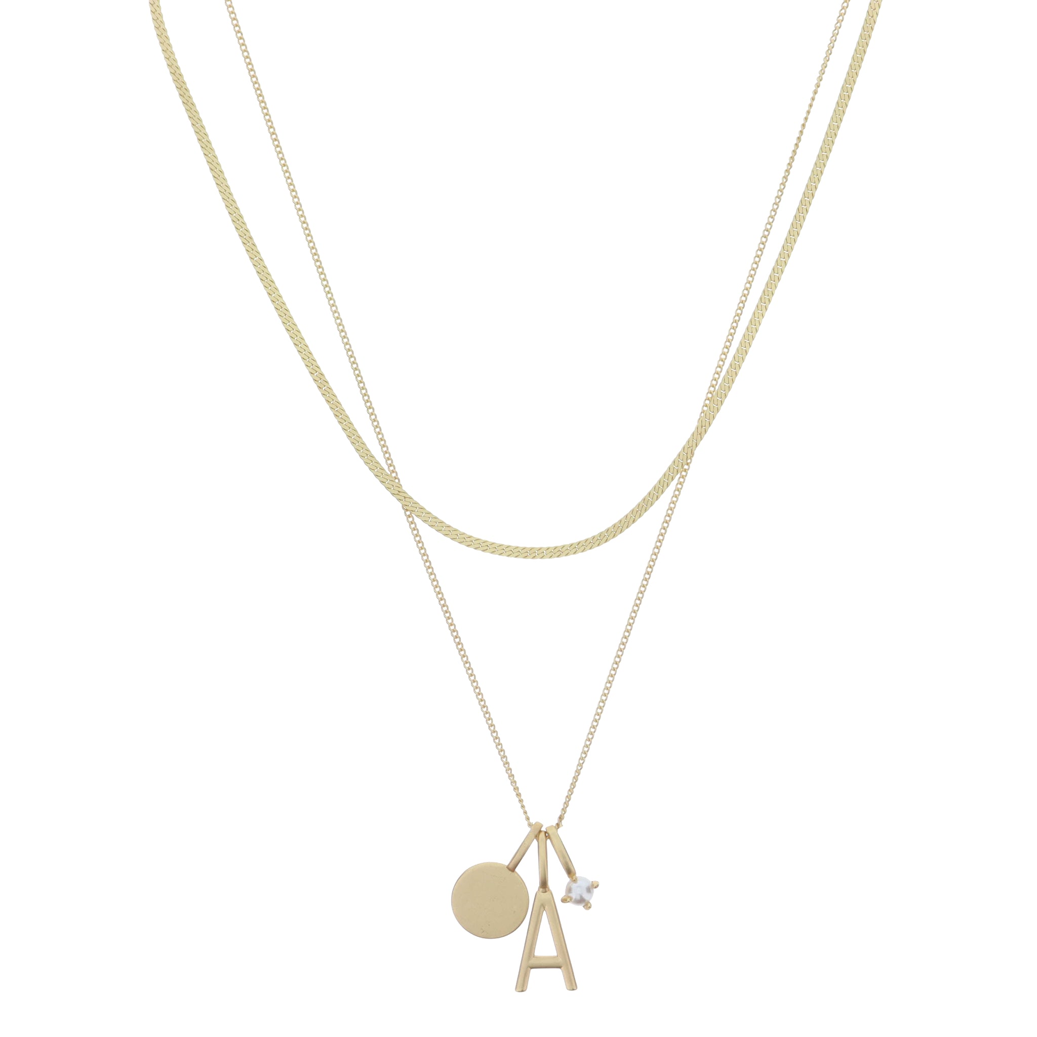 Dainty Herringbone Chain, Gold Chain with Gold Disc, Gold "A" Initial, Pearl Charm Cluster Necklace