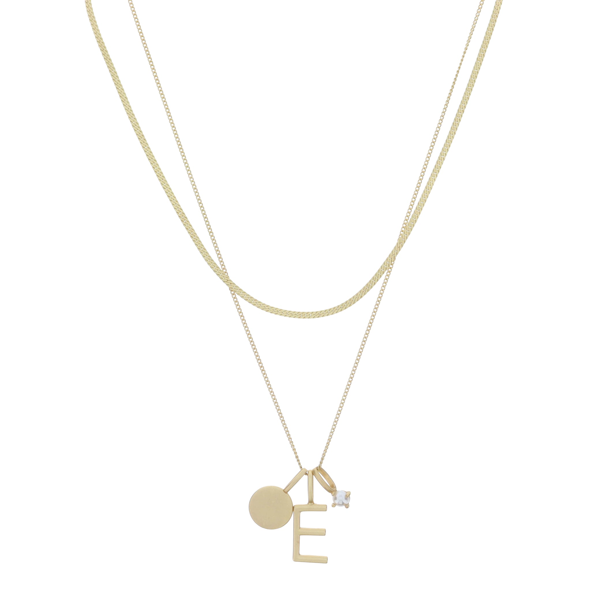 Dainty Herringbone Chain, Gold Chain with Gold Disc, Gold "E" Initial, Pearl Charm Cluster Necklace