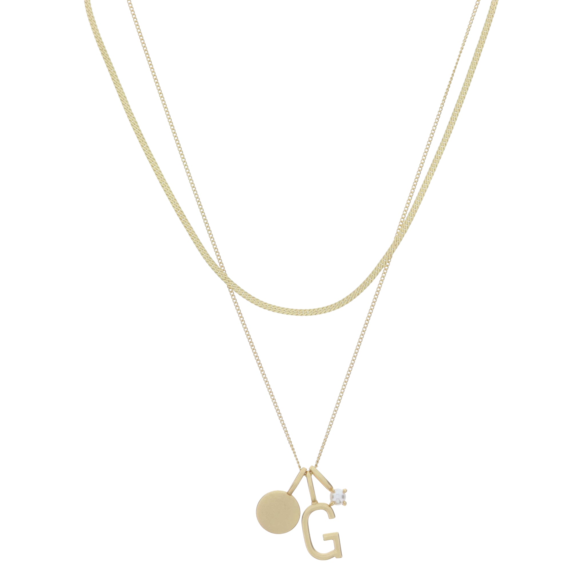 Dainty Herringbone Chain, Gold Chain with Gold Disc, Gold "G" Initial, Pearl Charm Cluster Necklace