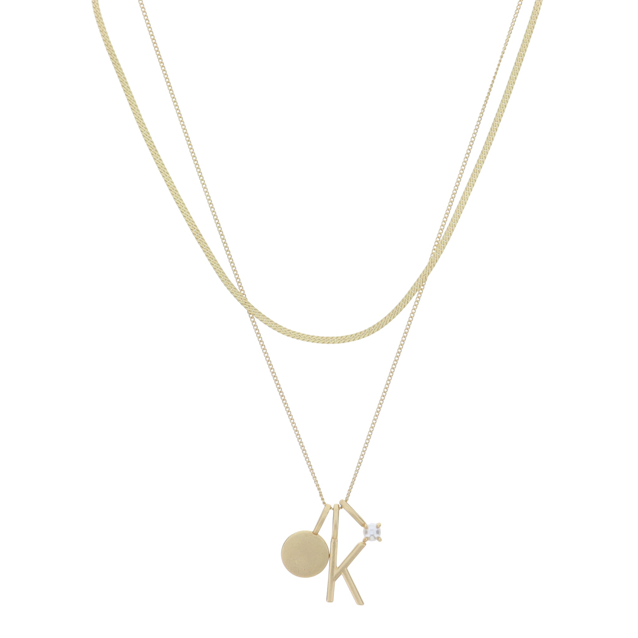 Dainty Herringbone Chain, Gold Chain with Gold Disc, Gold "K" Initial, Pearl Charm Cluster Necklace