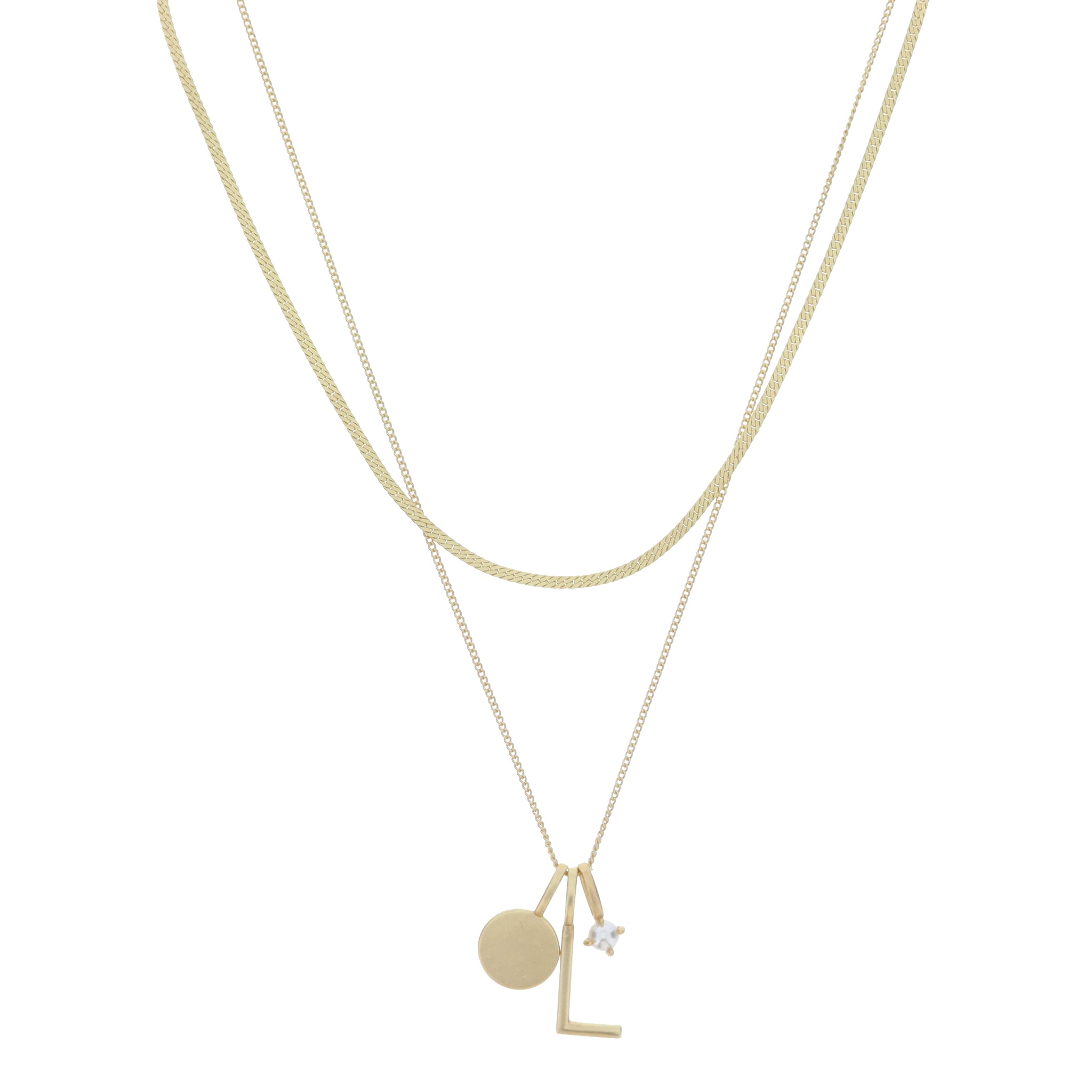 Dainty Herringbone Chain, Gold Chain with Gold Disc, Gold "L" Initial, Pearl Charm Cluster Necklace