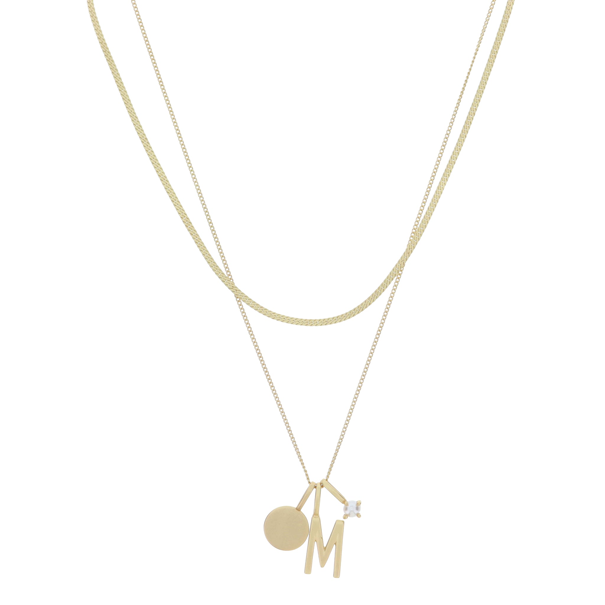 Dainty Herringbone Chain, Gold Chain with Gold Disc, Gold "M" Initial, Pearl Charm Cluster Necklace
