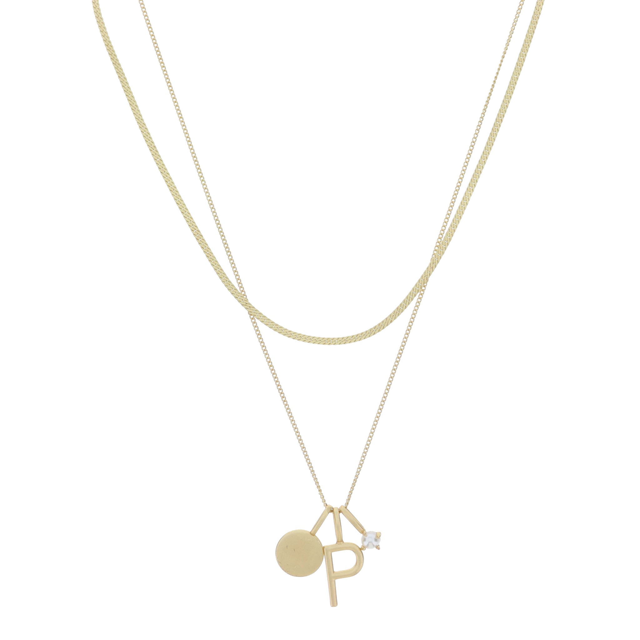 Dainty Herringbone Chain, Gold Chain with Gold Disc, Gold "P" Initial, Pearl Charm Cluster Necklace