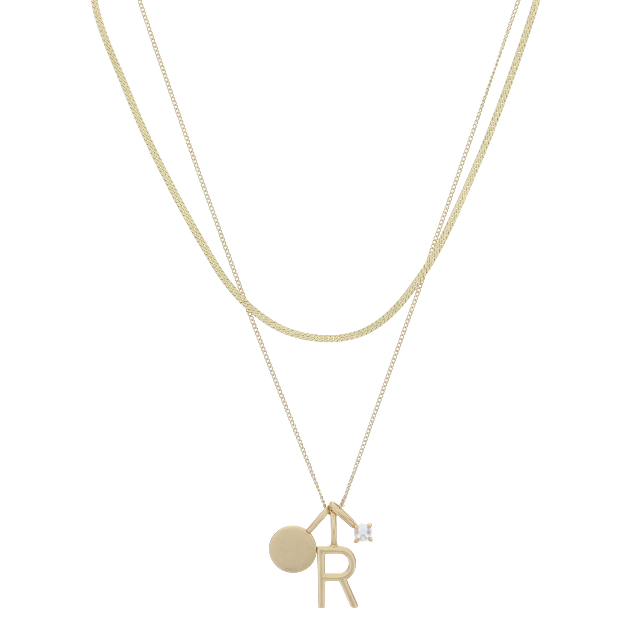Dainty Herringbone Chain, Gold Chain with Gold Disc, Gold "R" Initial, Pearl Charm Cluster Necklace