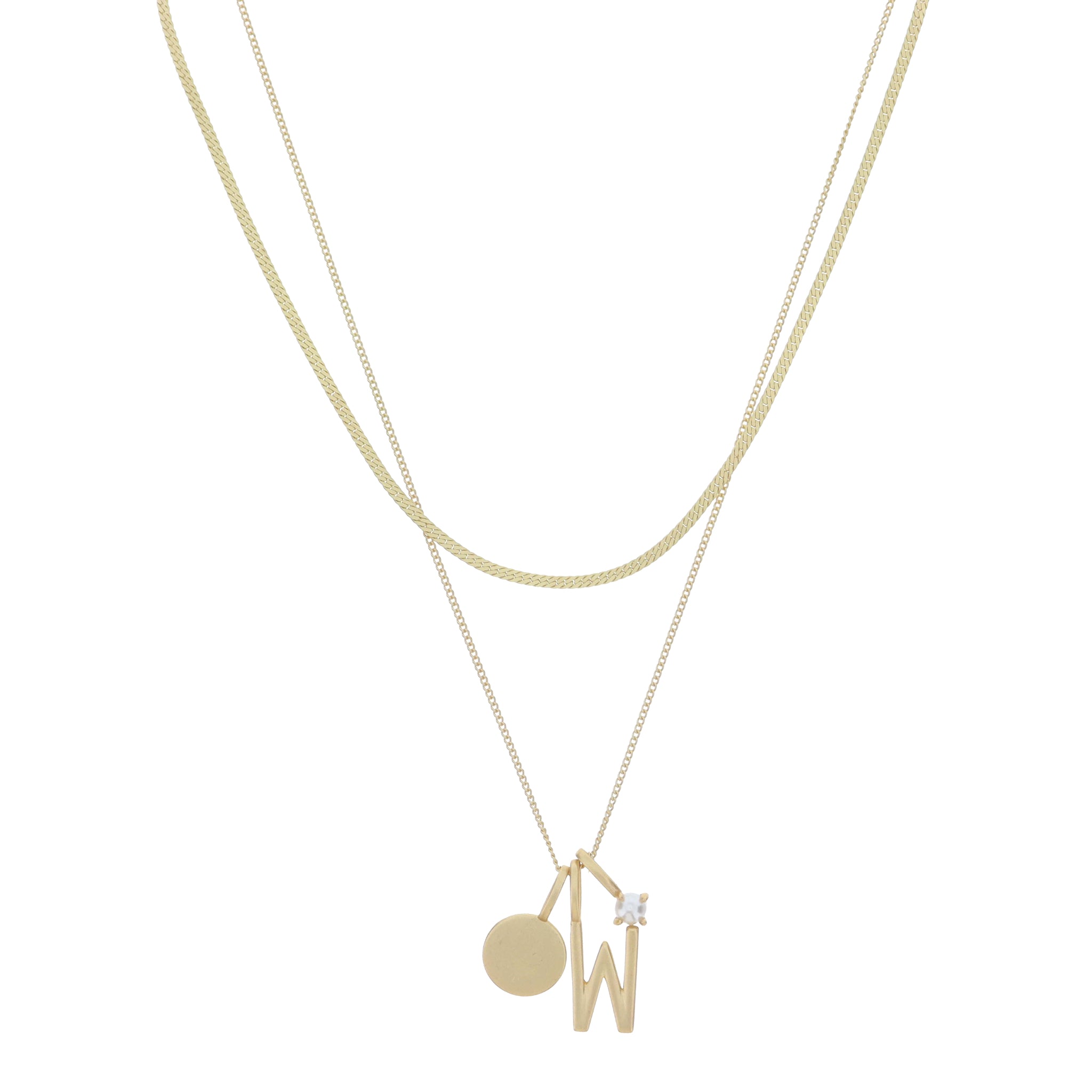 Dainty Herringbone Chain, Gold Chain with Gold Disc, Gold "W" Initial, Pearl Charm Cluster Necklace