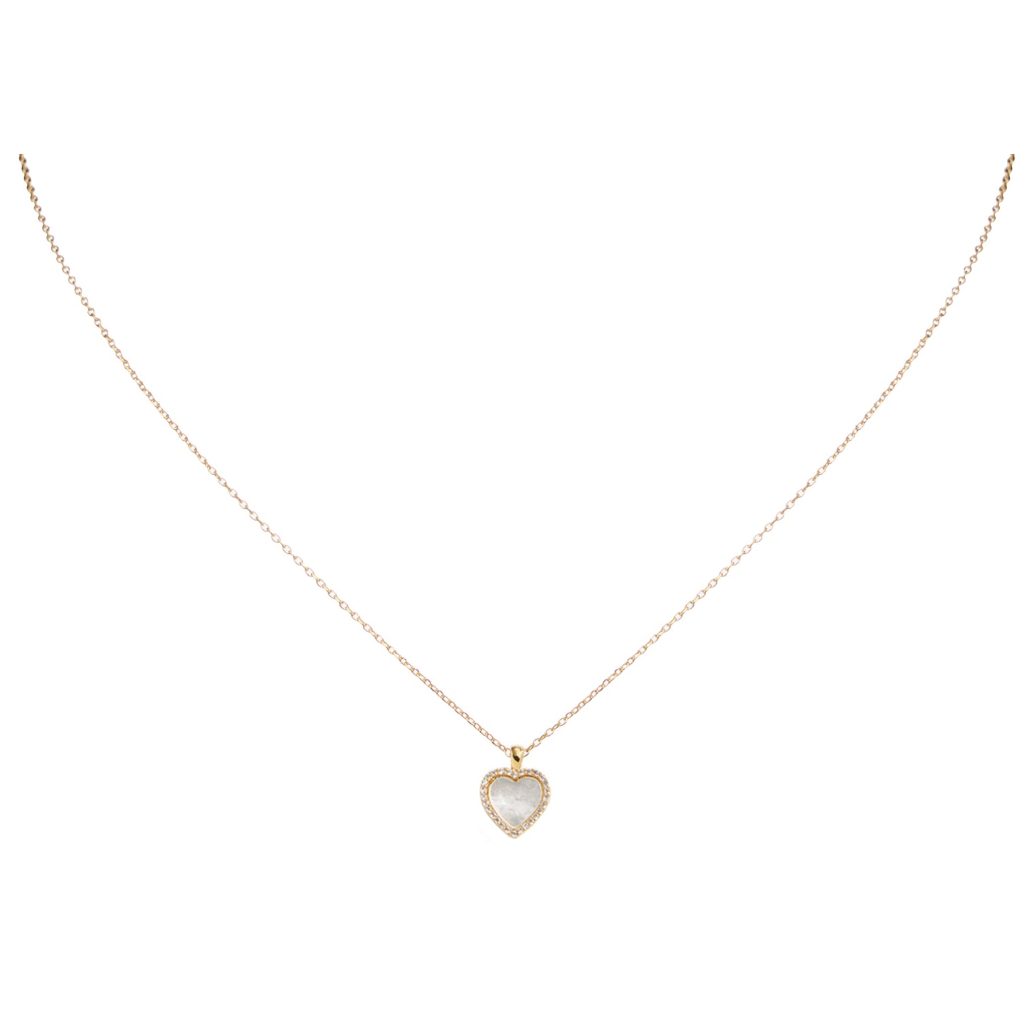 18K Gold Plated Shell Inlay Heart with Clear Crystal Outline Necklace
