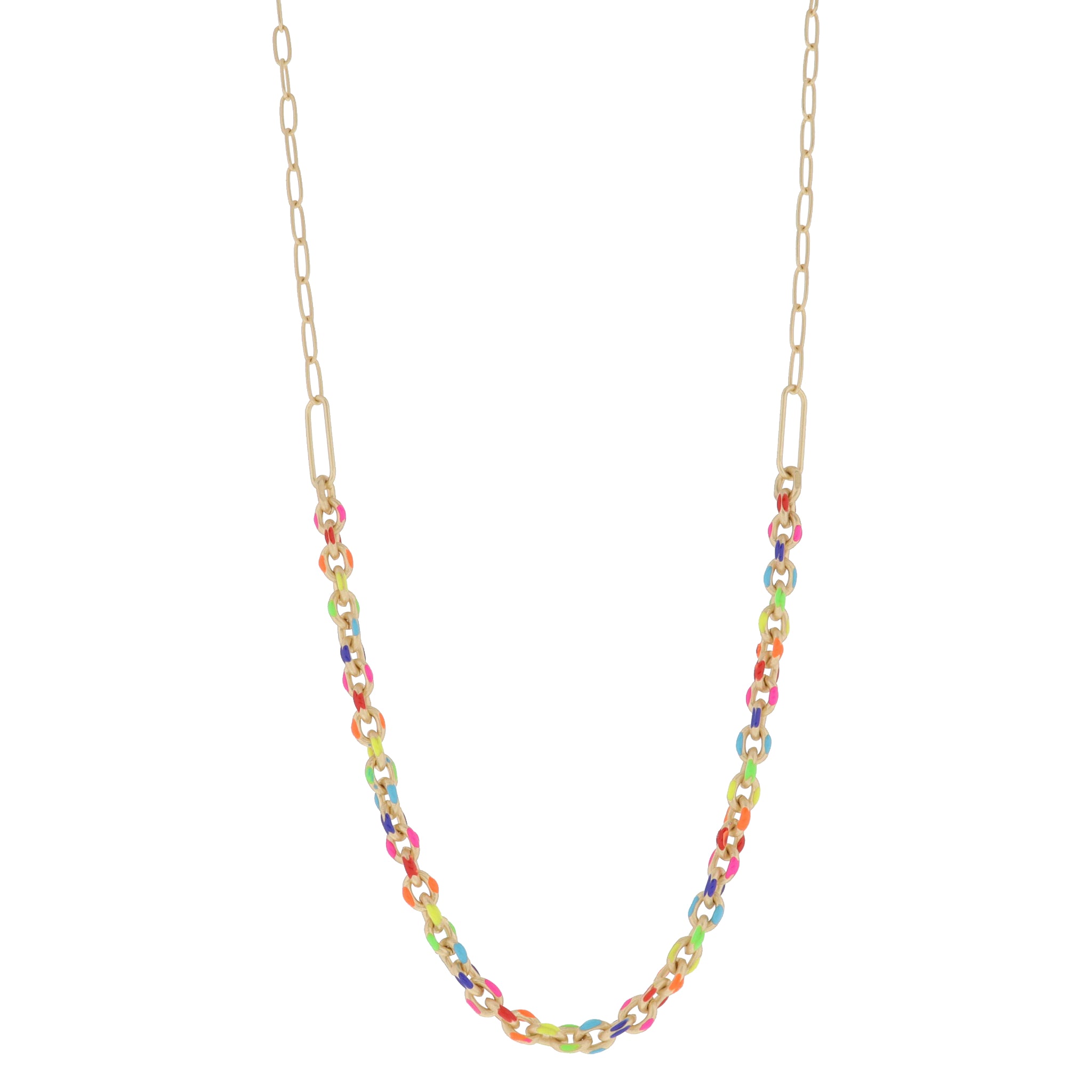 Classic Multi Enamel Cable Chain with Large Gold Paperclip Links Necklace, 3" Ext