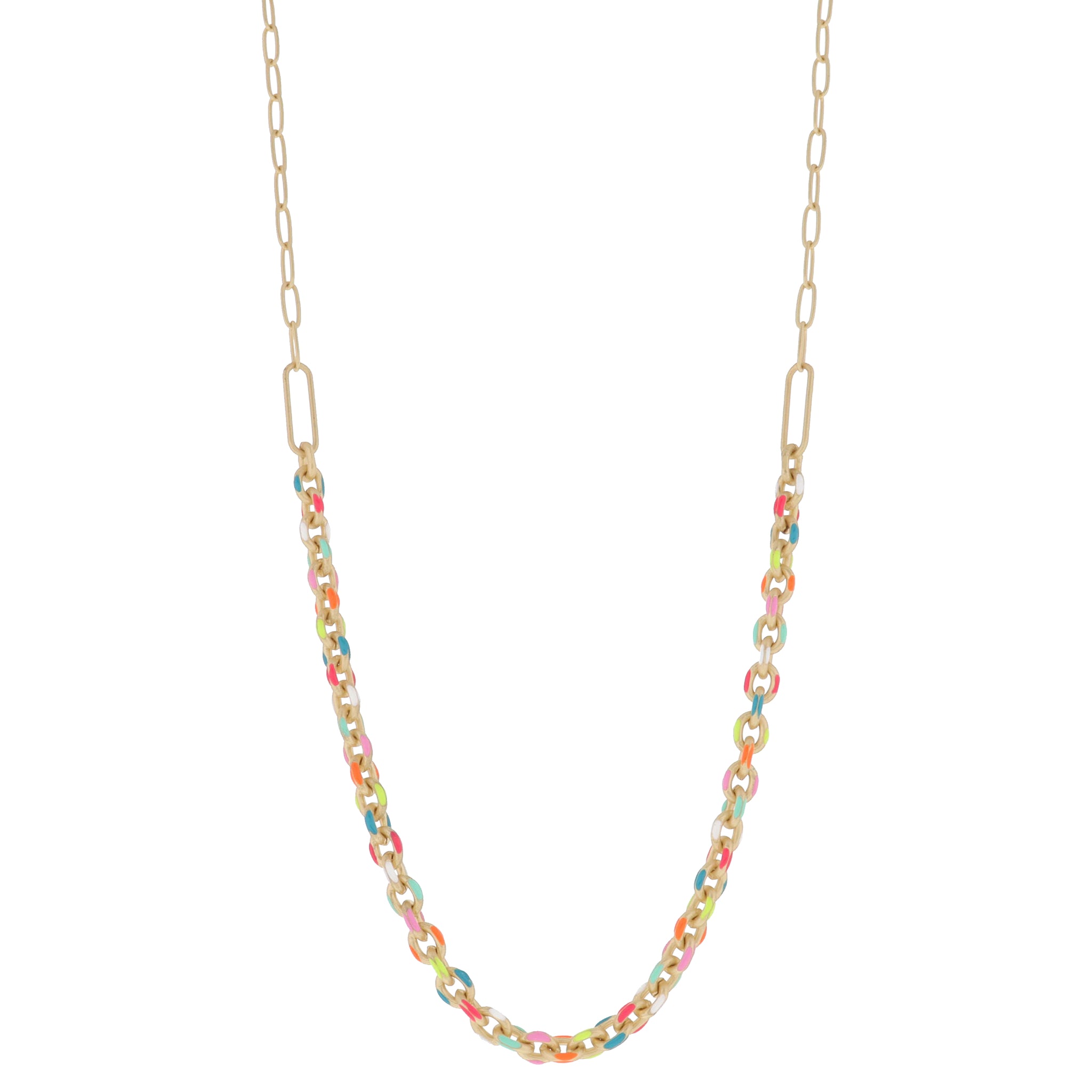 Fun Neon Multi Enamel Cable Chain with Large Gold Paperclip Links Necklace, 3" Ext