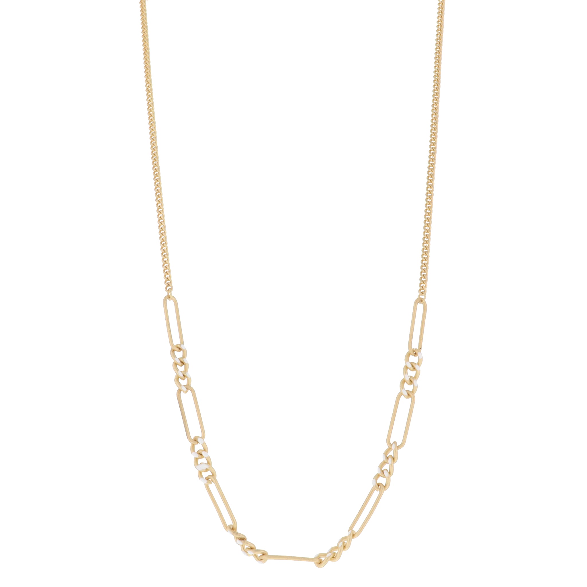 White Enamel Curb Chain Portions with Alternating Large Gold Paperclip Links Necklace, 3" Ext