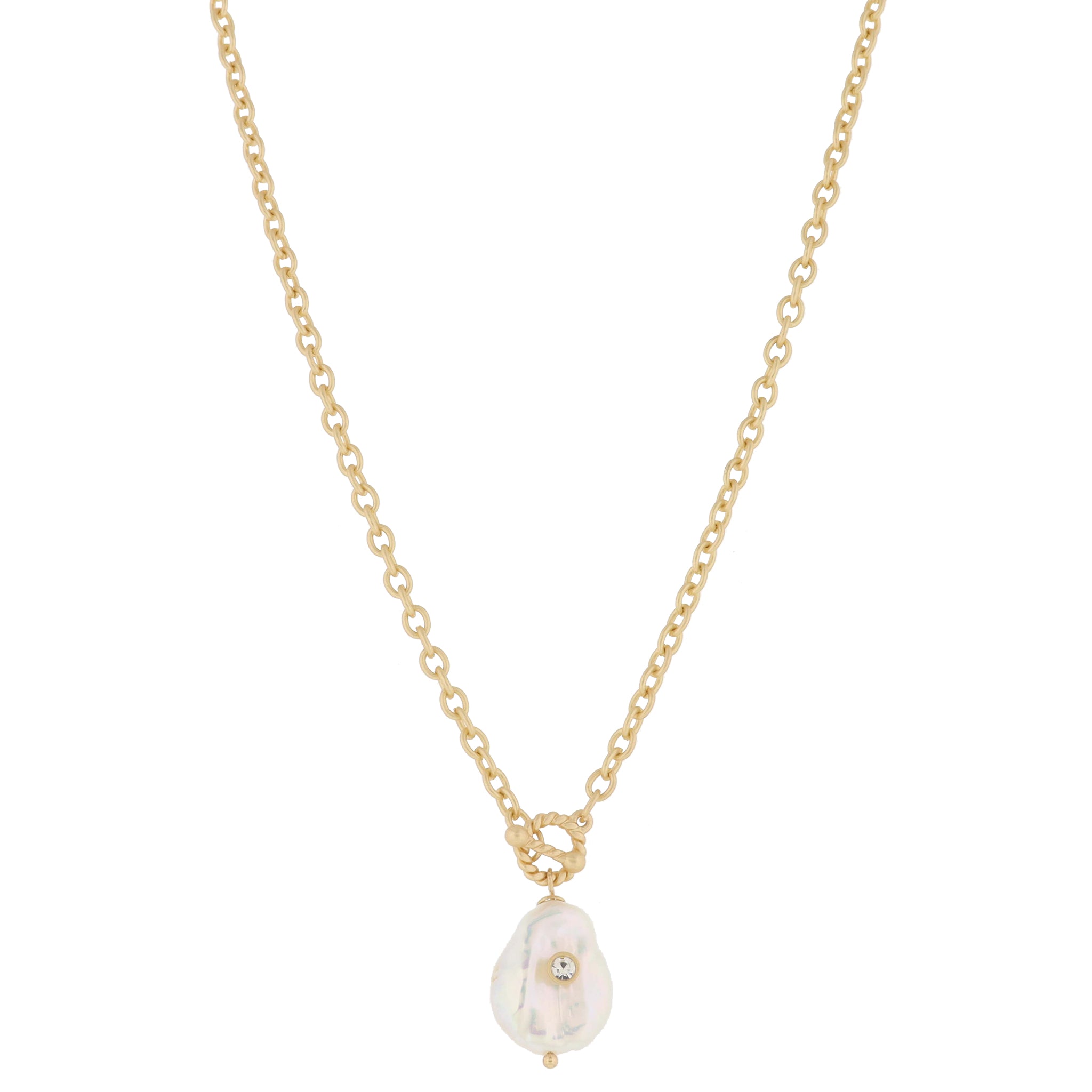Mini Gold Twist Toggle and Natural Teardrop Coin Pearl with Clear Crystal, Necklace, .85" Penant