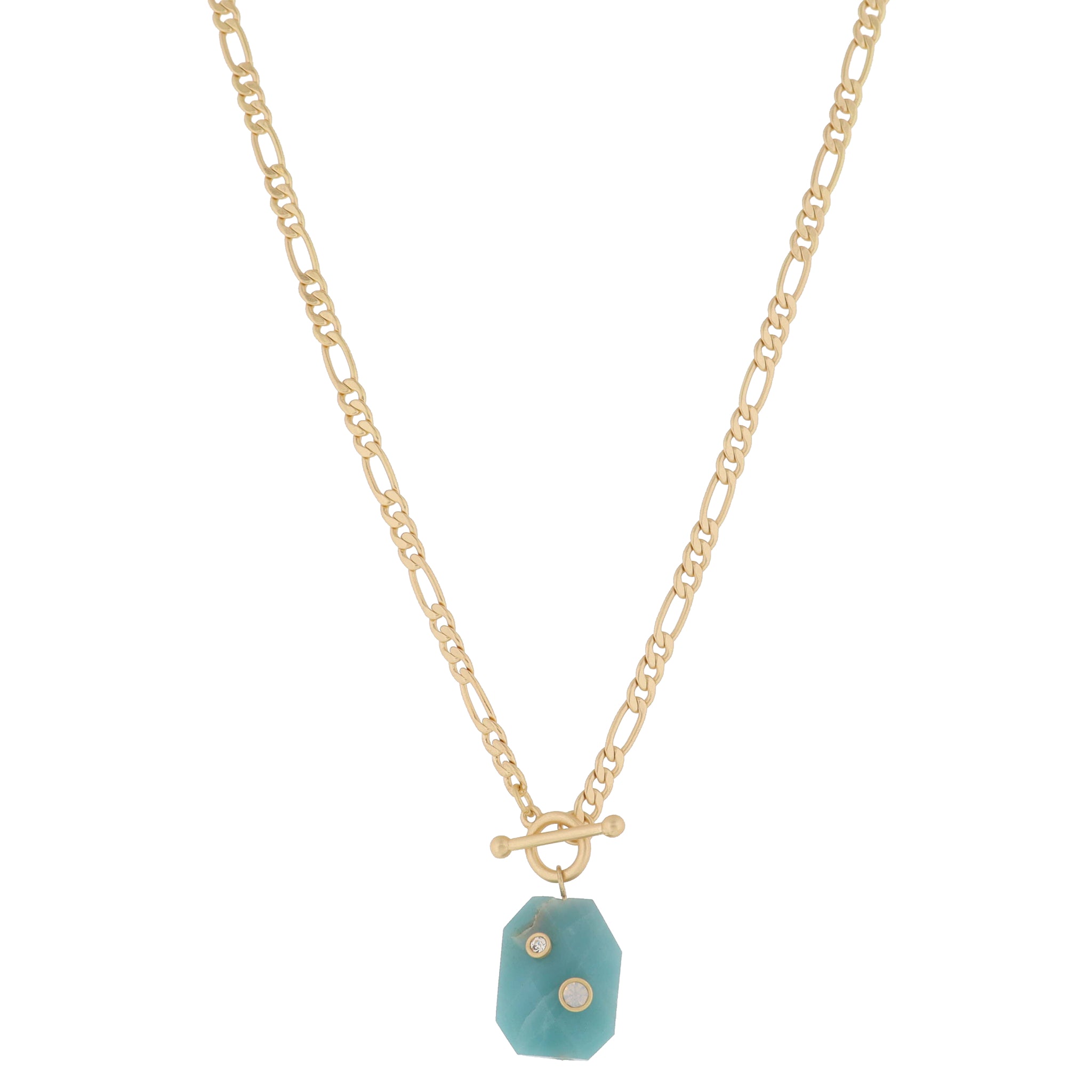 Gold Ball Bar Toggle & Faceted Amazonite Stone with Mini Crystal & Moonstone Necklace, .85" Penant